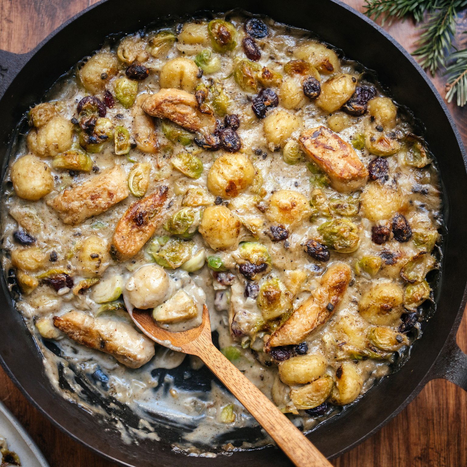 Baked Gnocchi with Brussels Sprouts and Plant-Based Chicken