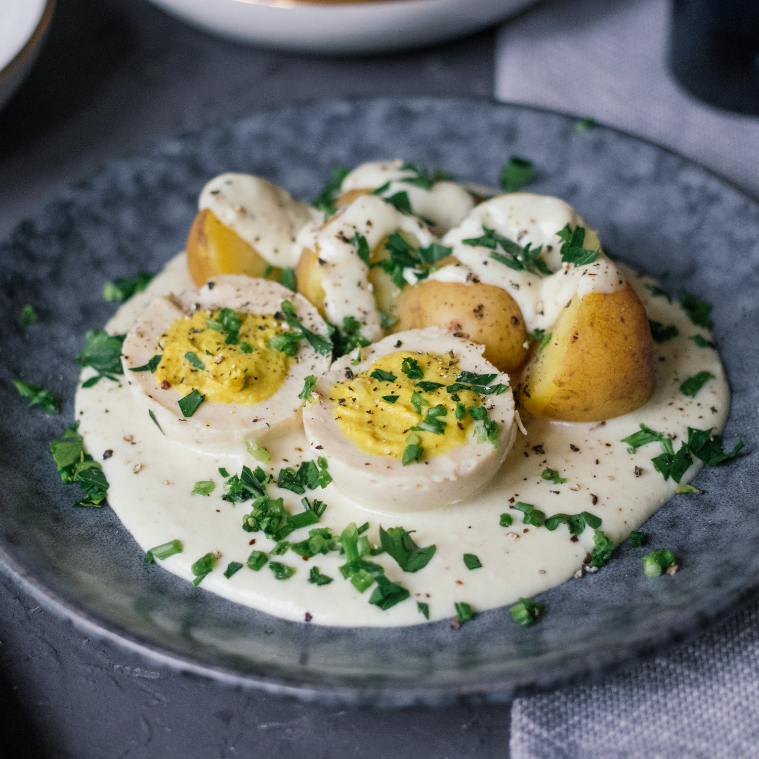 Vegan Boiled Eggs in Creamy Mustard Sauce with Potatoes
