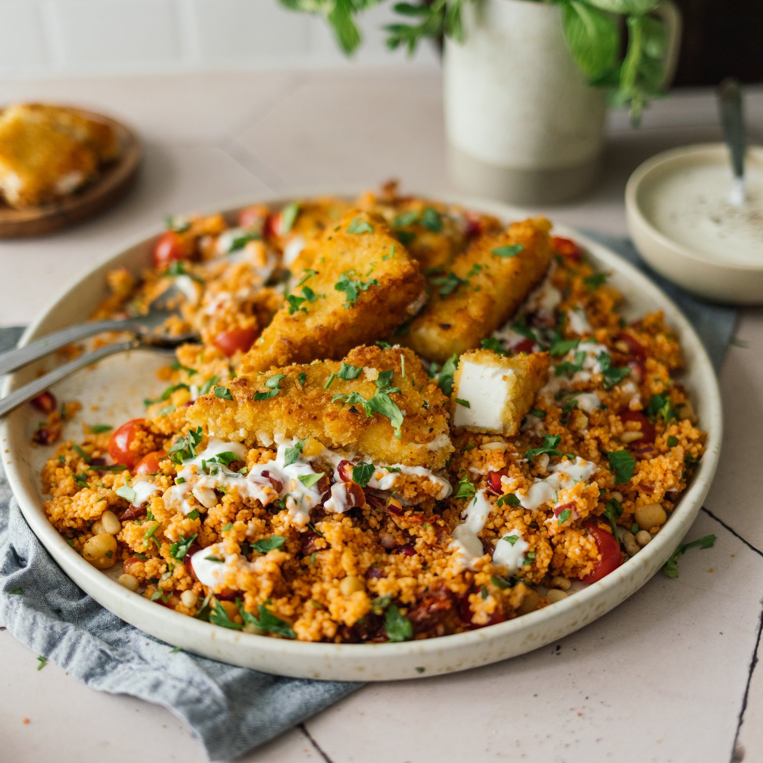 Couscous Salad with Crispy Vegan Feta Wedges