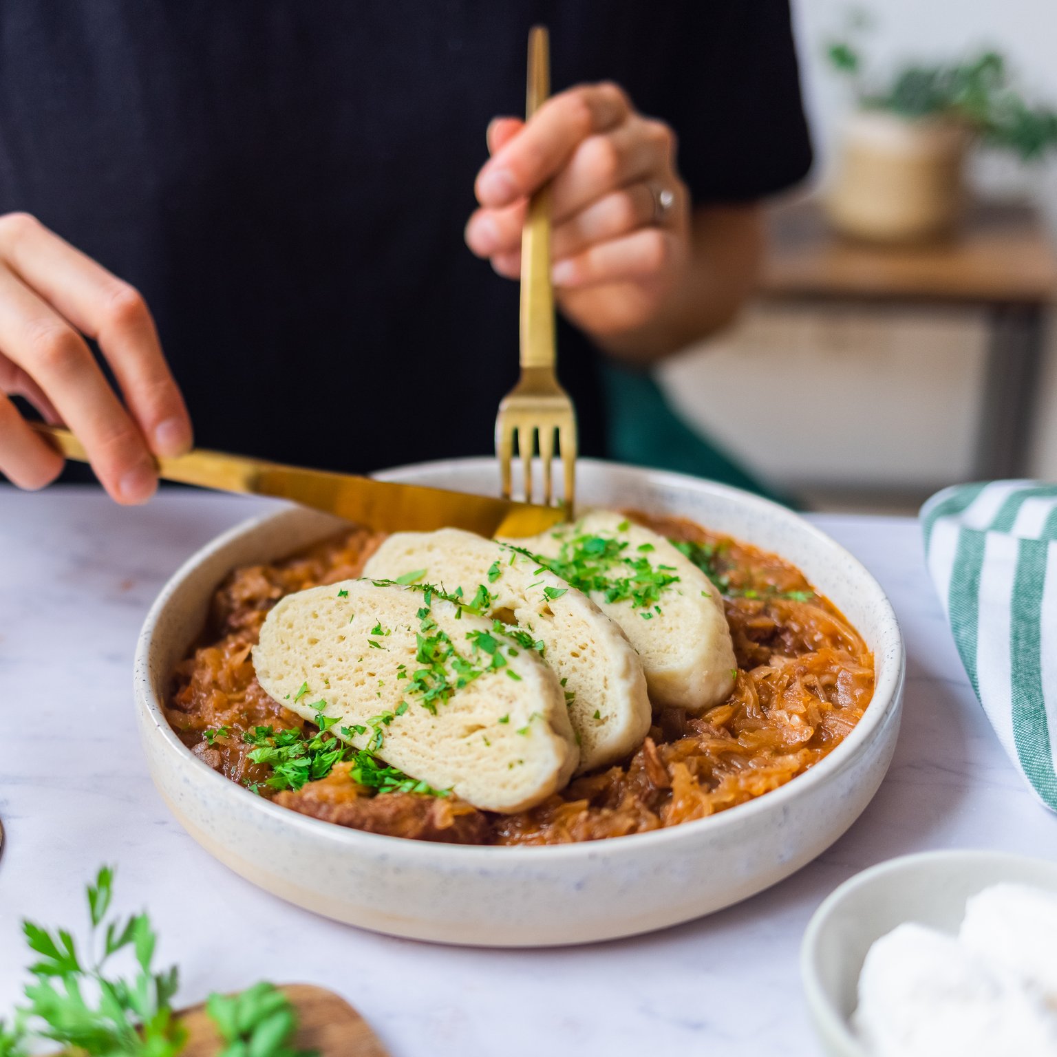 Vegan Yeast Dumplings with Szegedin Goulash (Hungarian Stew)