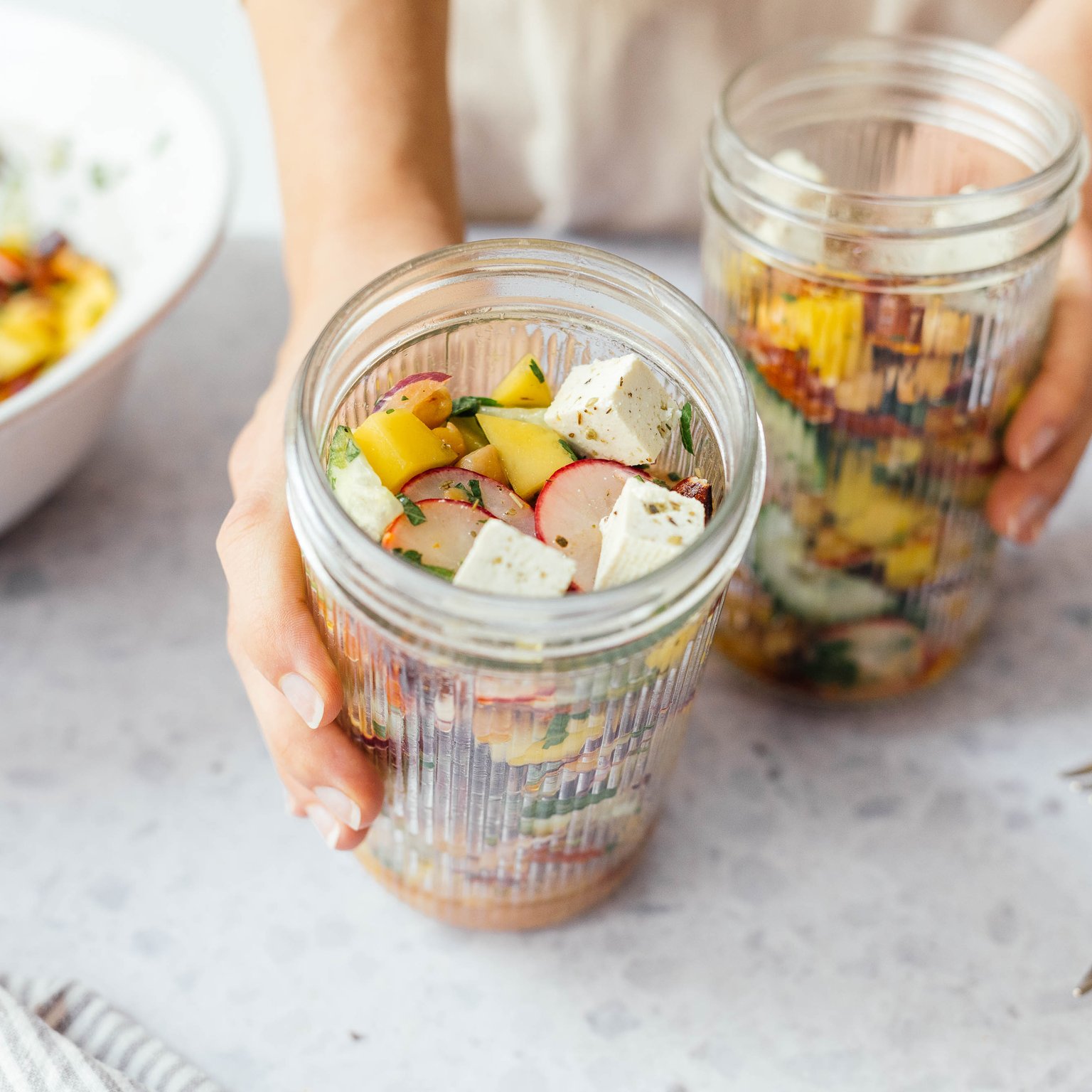 Summer Chickpea Salad with vegan “Feta Cheese“