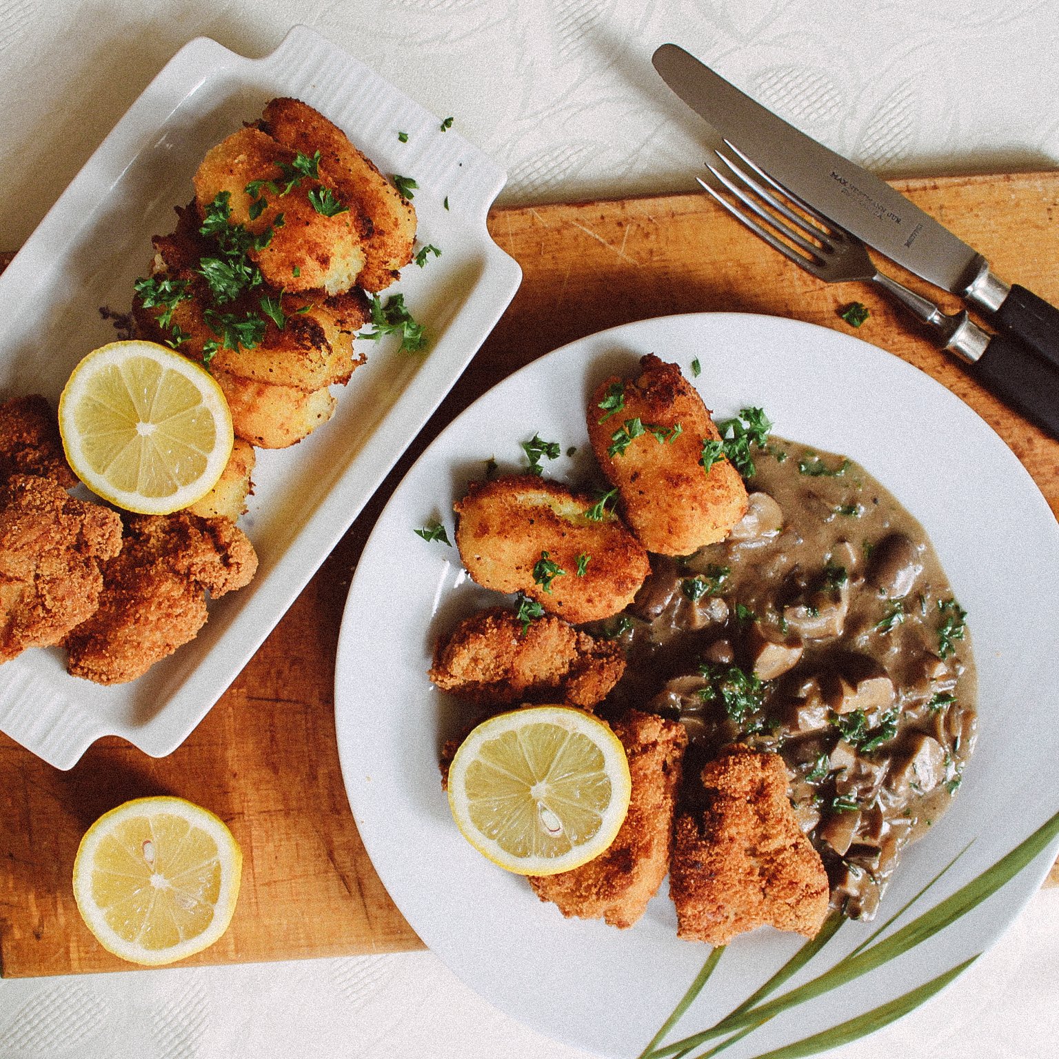Vegane Schnitzel mit selbstgemachten Kroketten