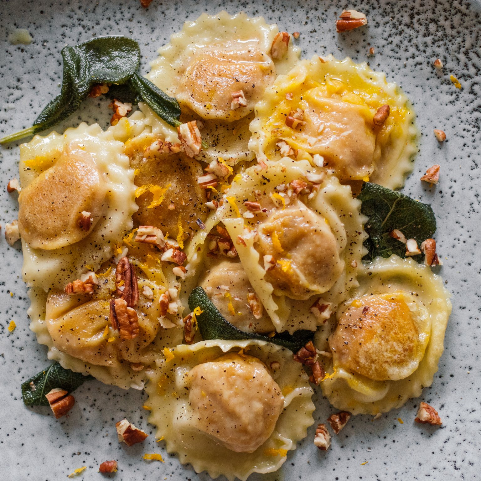 Vegan Pumpkin Ravioli in Sage Butter with Pecans