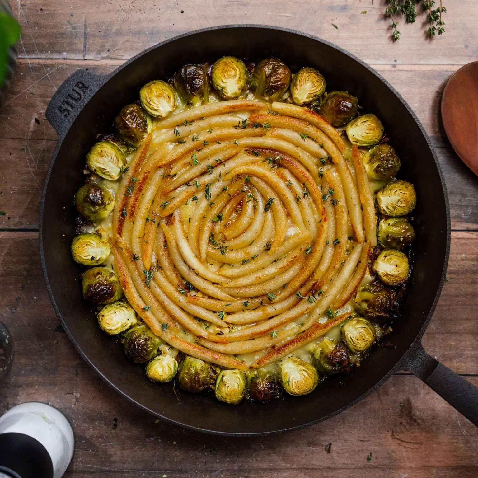 Vegan Potato Dumpling Casserole with Brussels Sprouts & "Minced Meat"