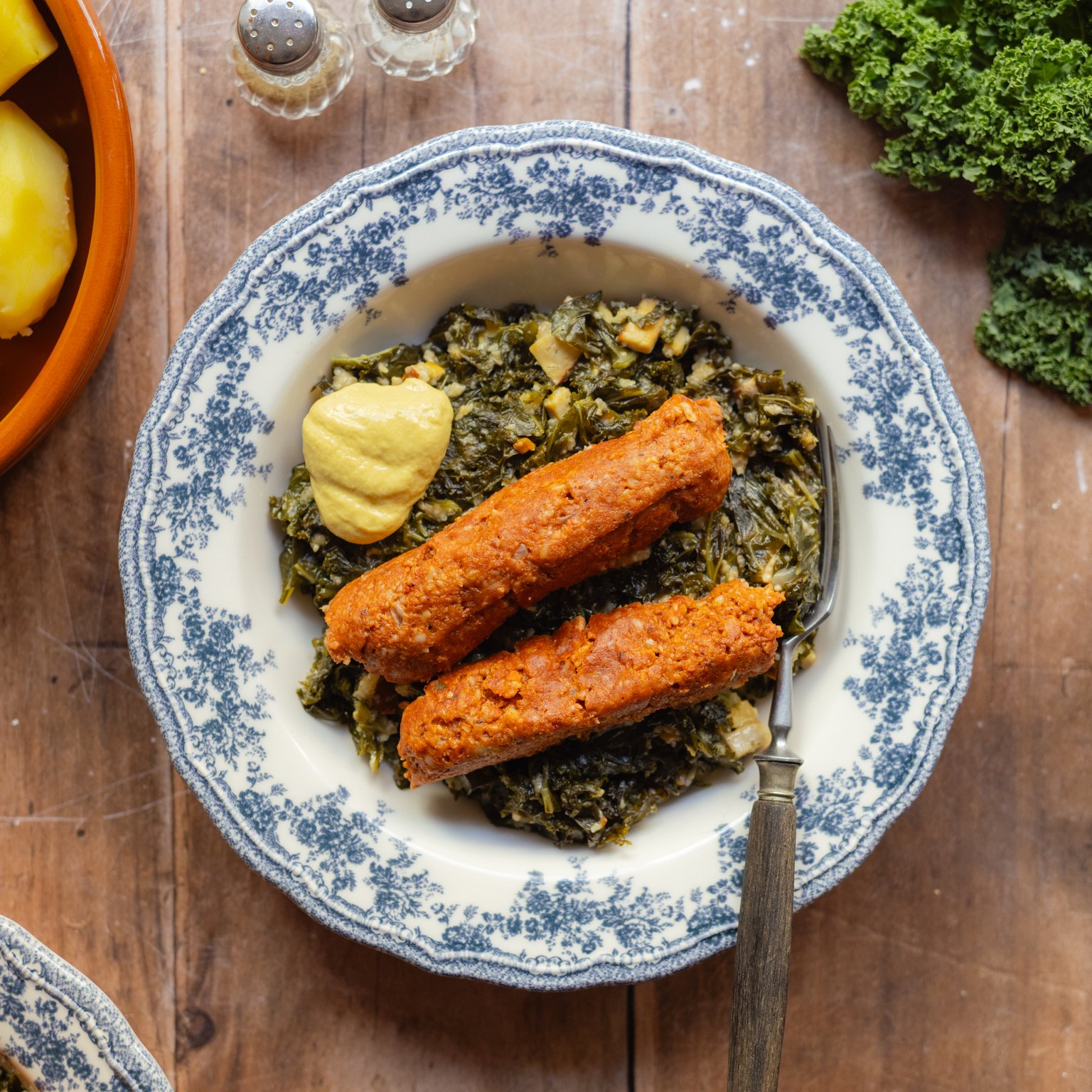 Kale with Vegan Pinkel Sausage and Potatoes