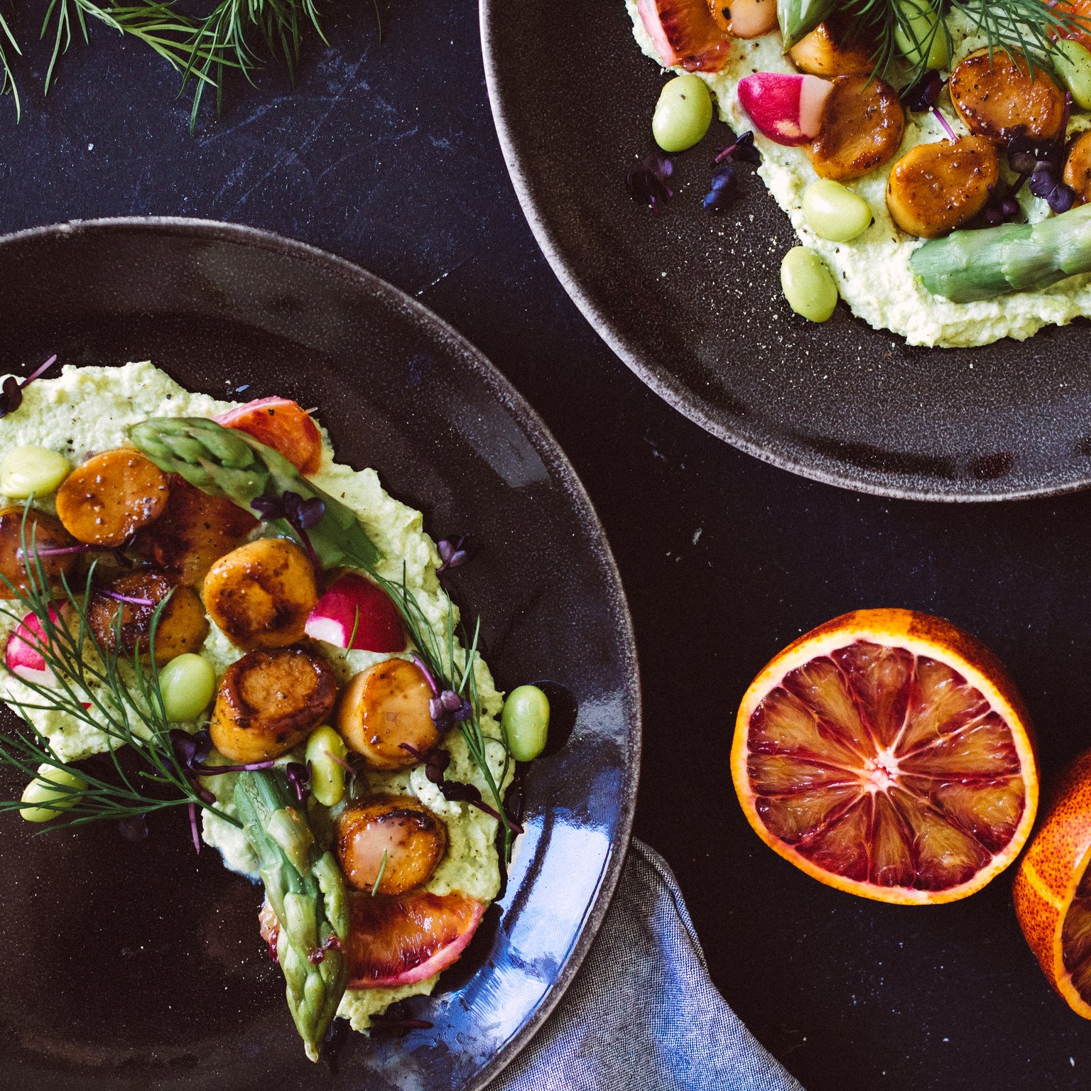 Mushroom Scallops with Green Asparagus and Spicy Mashed Edamame