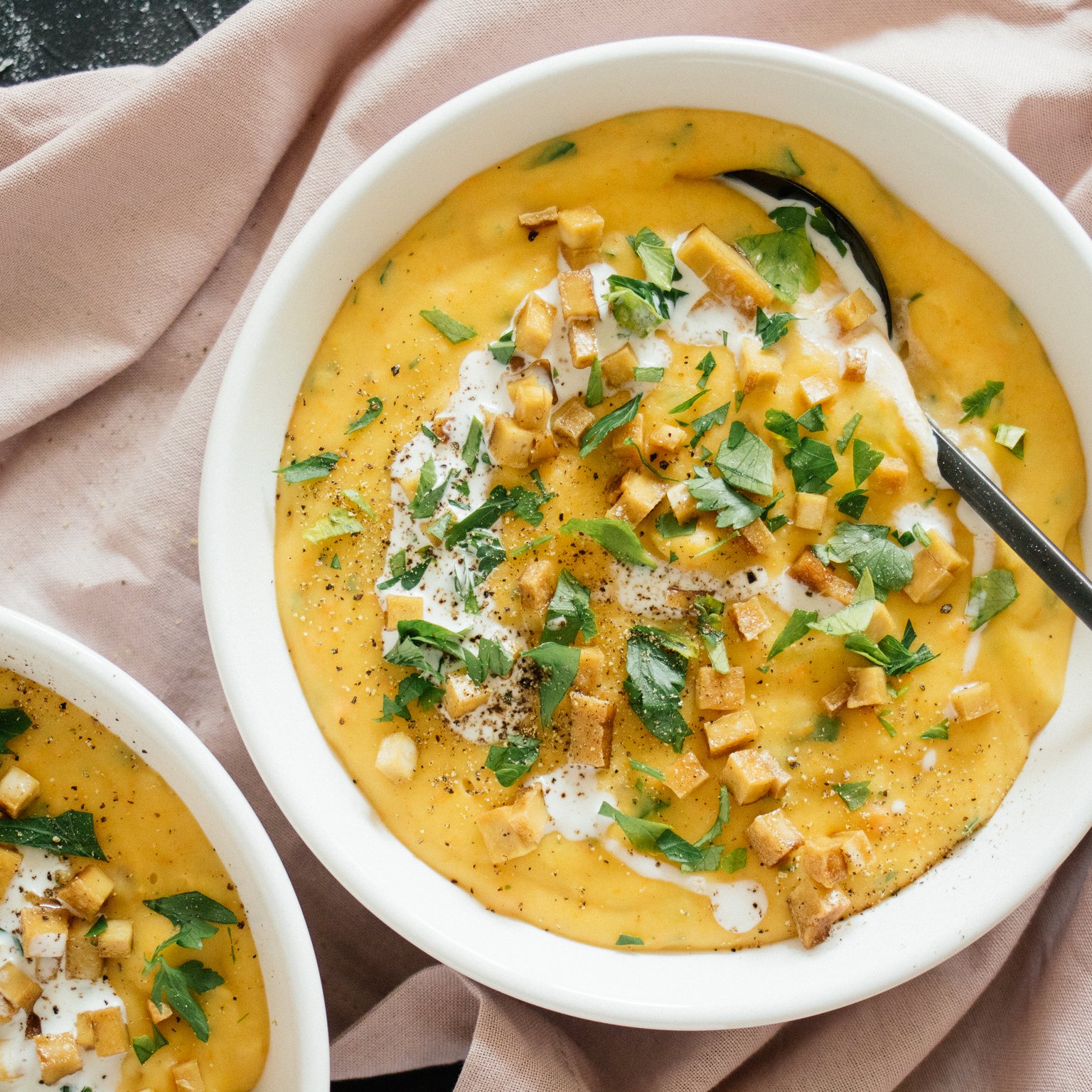 Vegan potato soup with smoked tofu