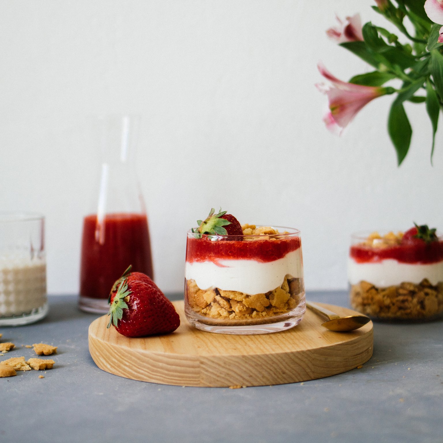 Vegan strawberry cheesecake in a jar