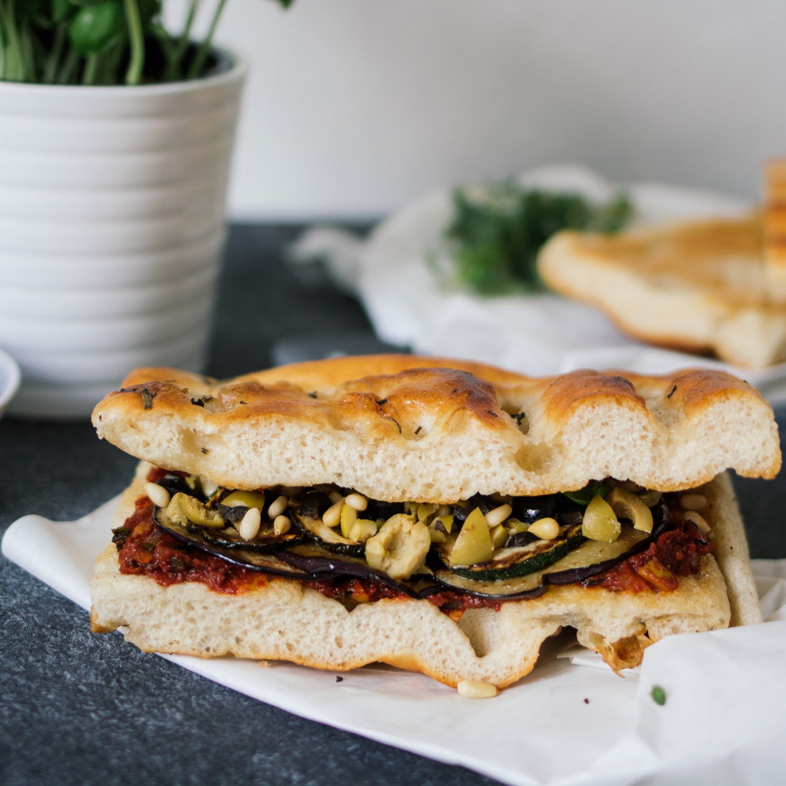Vegan Focaccia Caponata Sandwich