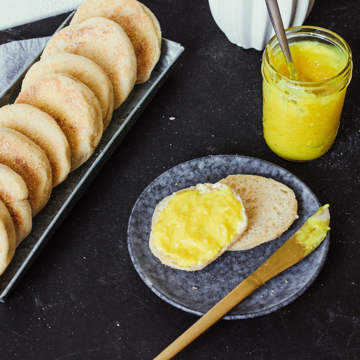 Vegan english muffins with lemon curd