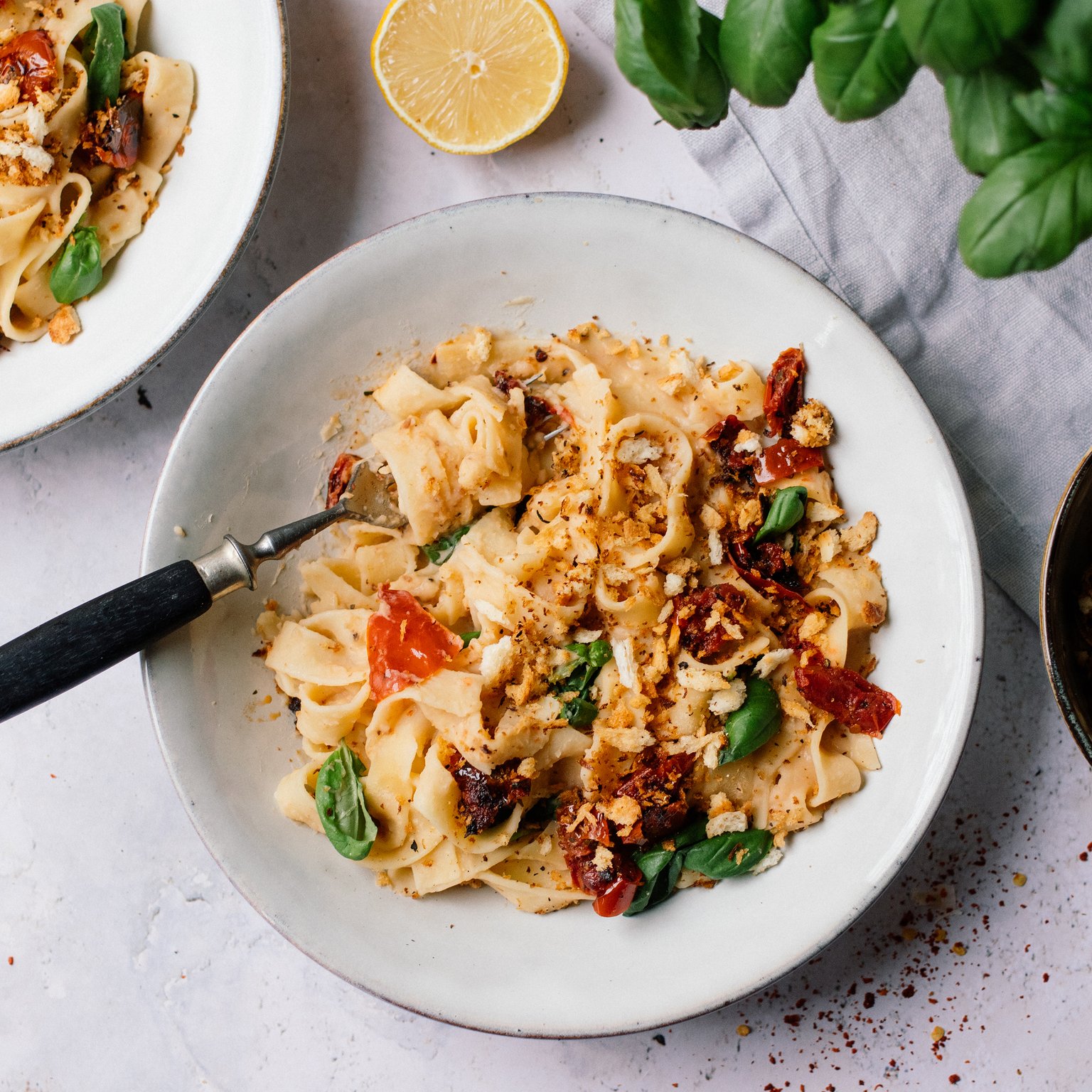 Pasta with Creamy White Bean Sauce and Garlicky Breadcrumb Topping