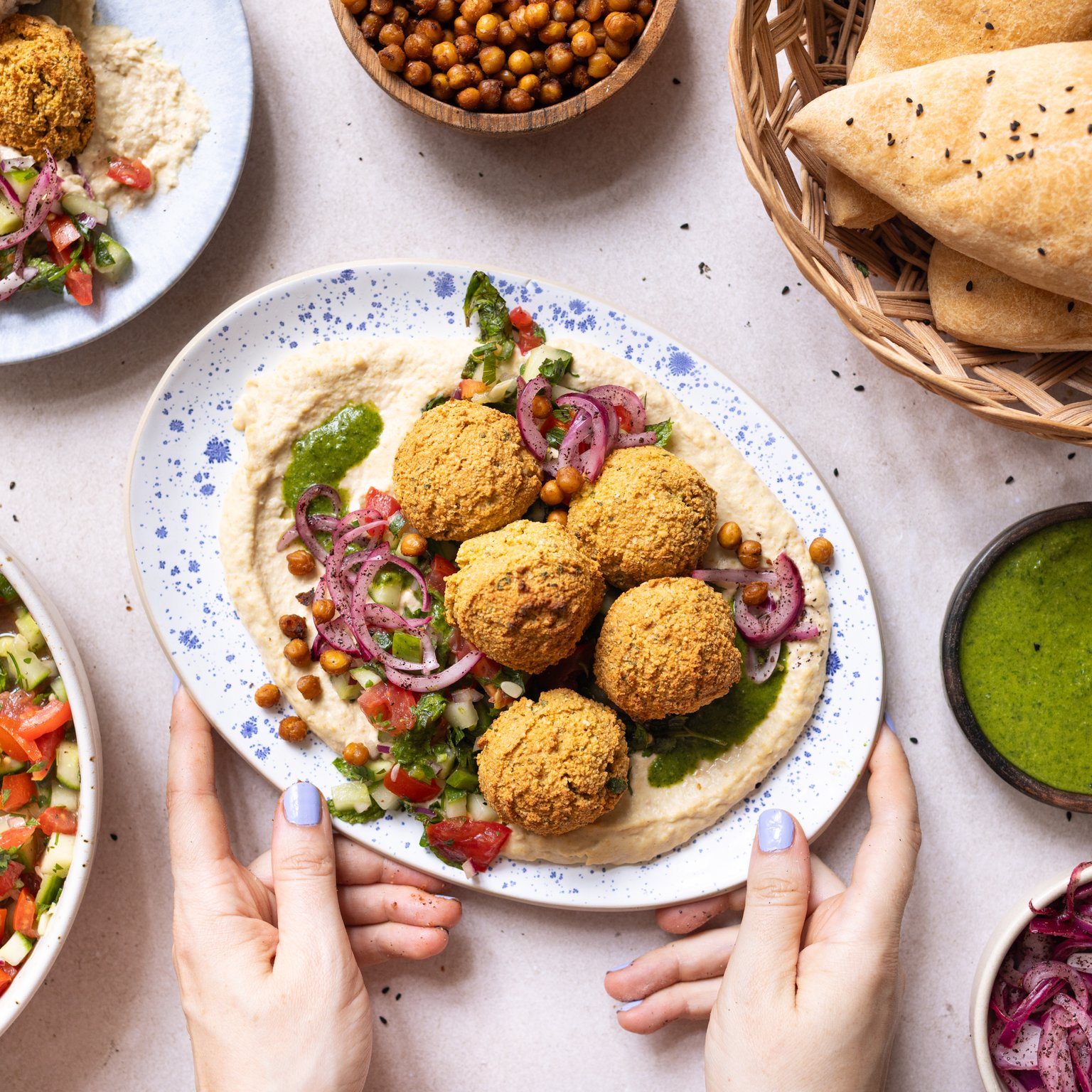Vegan Falafel Platter with Flatbread and Homemade Hummus
