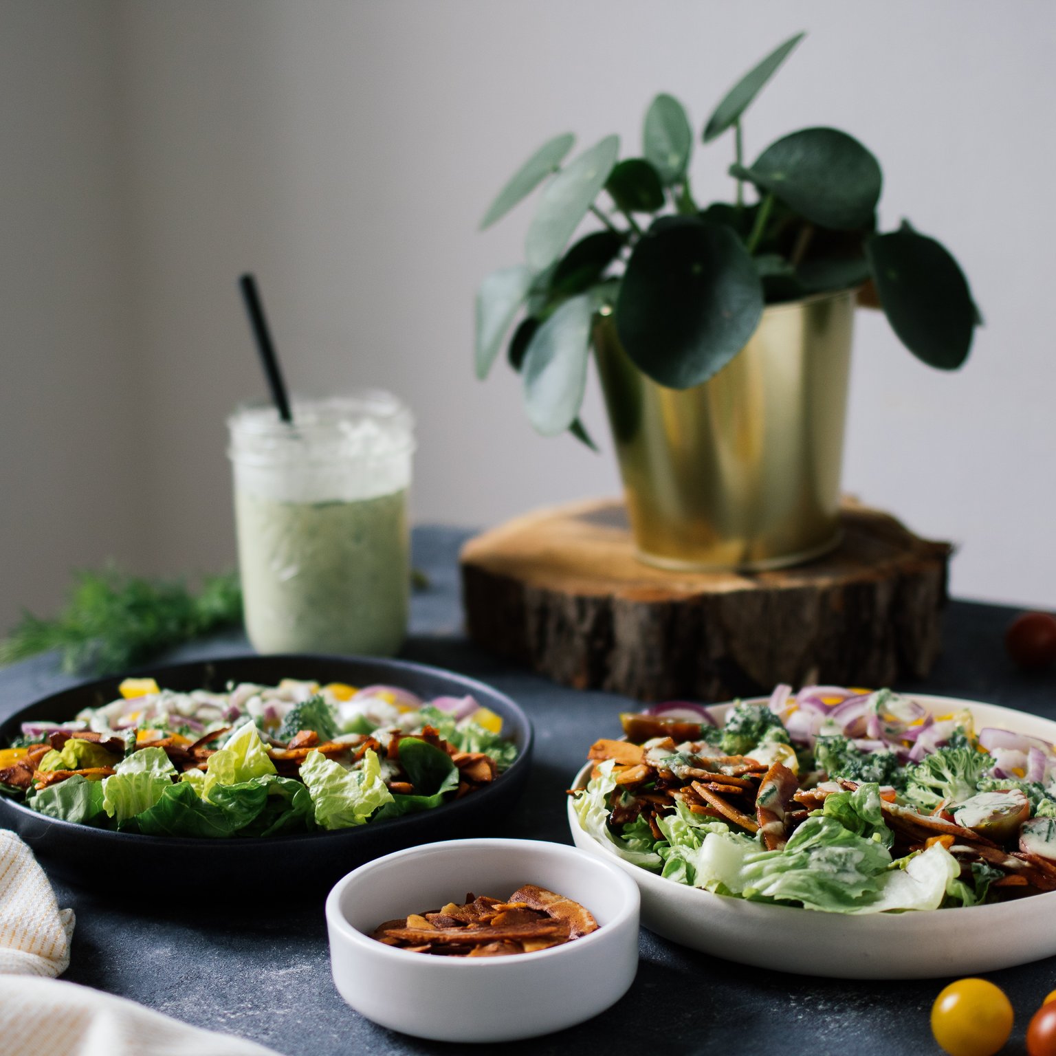 Colorful Salad with coconut bacon & vegan ranch dressing