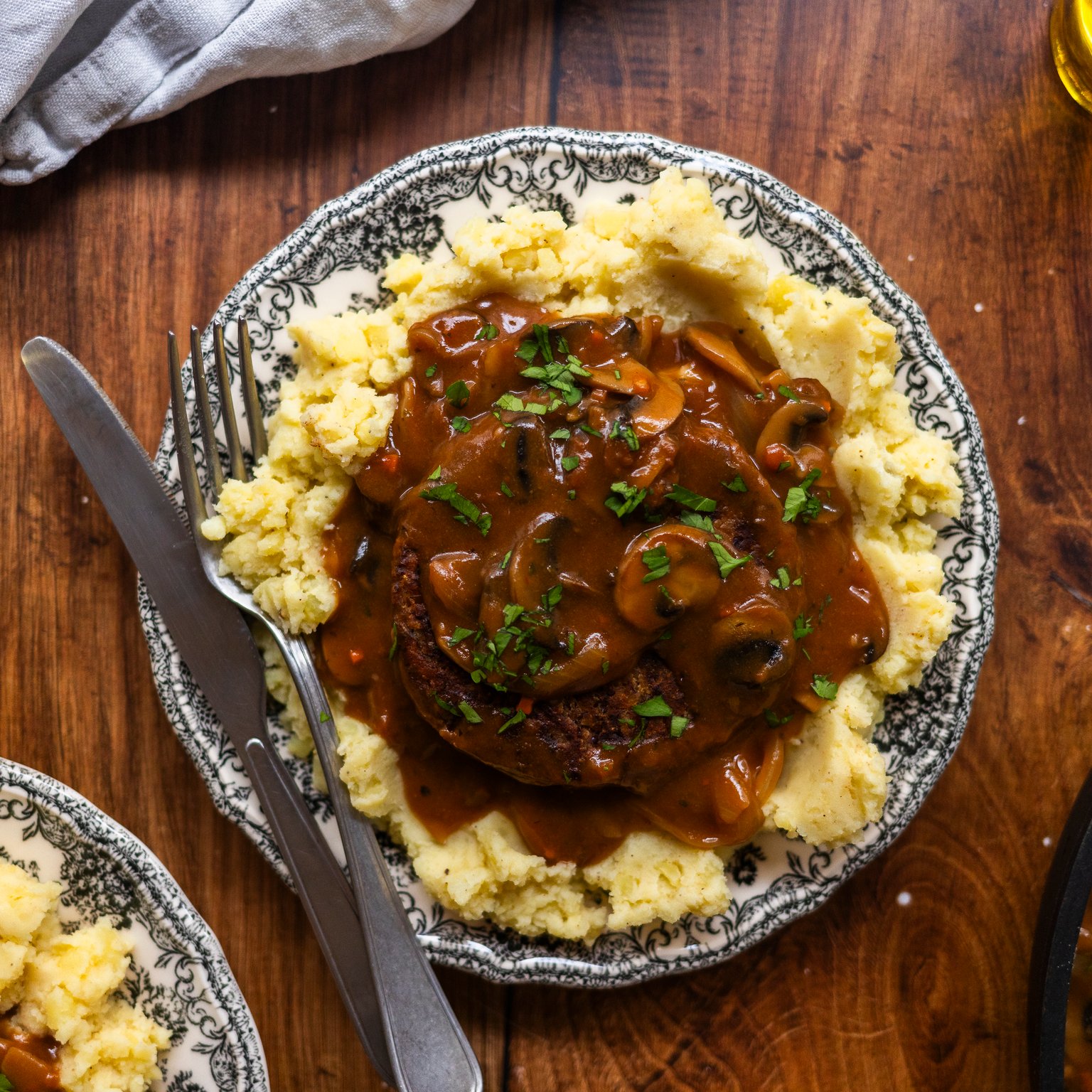 Vegan Hamburger Steak with Mashed Potatoes and Gravy