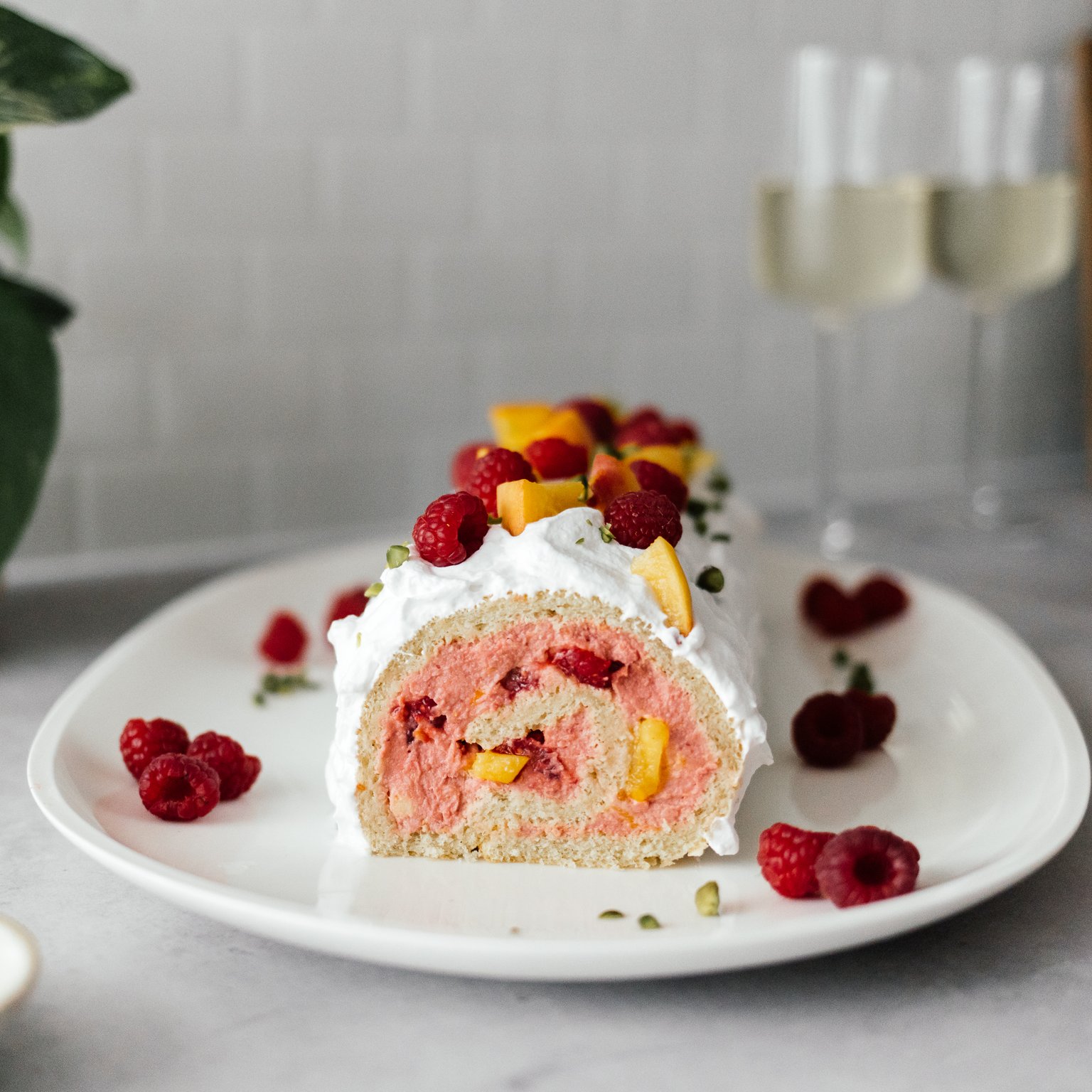 Vegan Raspberry and Peach Melba Swiss Roll