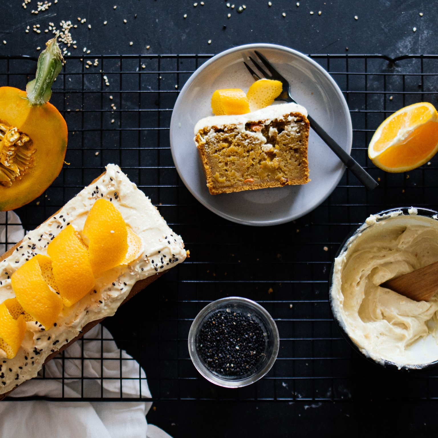 Vegan pumpkin cake with tahini orange frosting