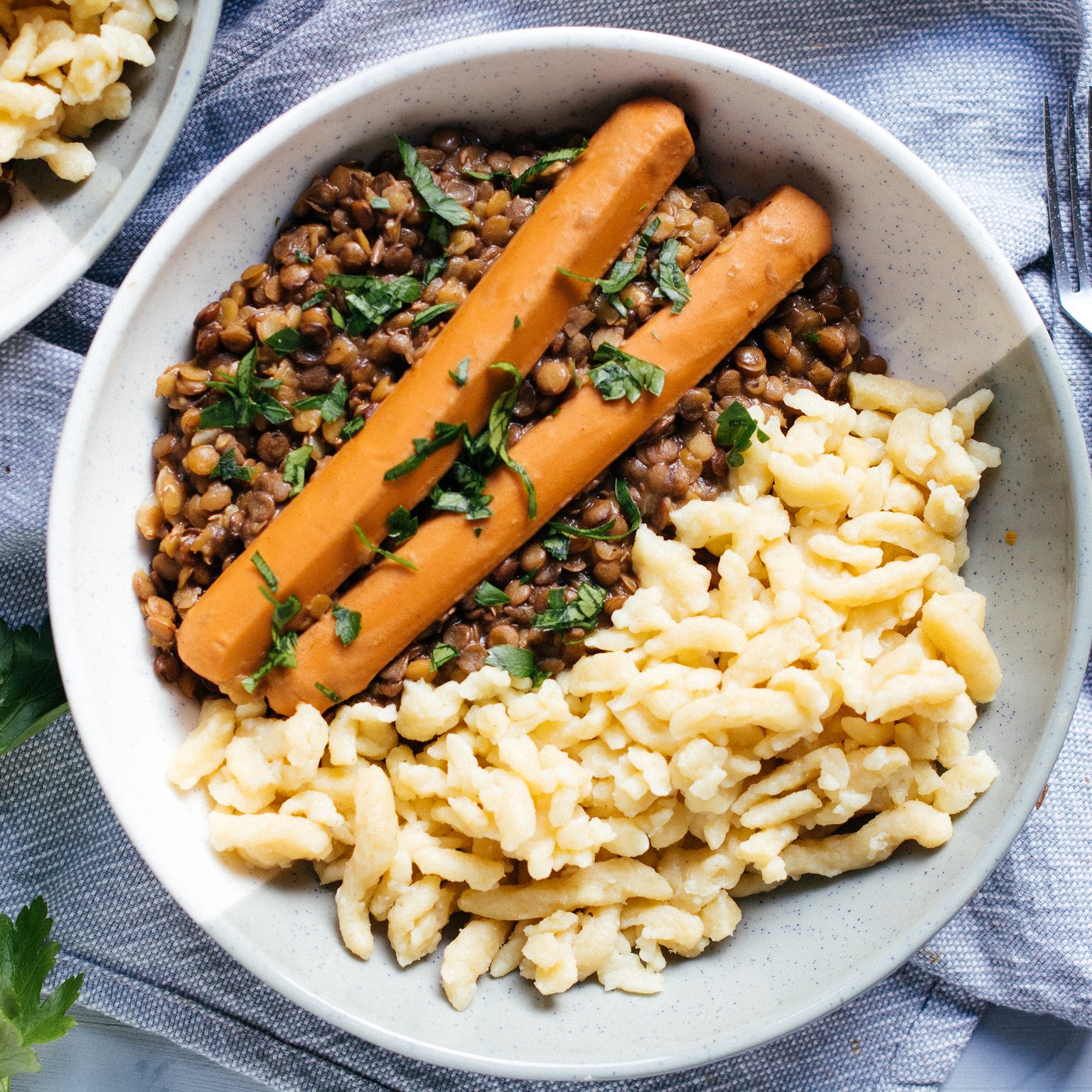 Vegane (schwäbische) saure Linsen mit Spätzle