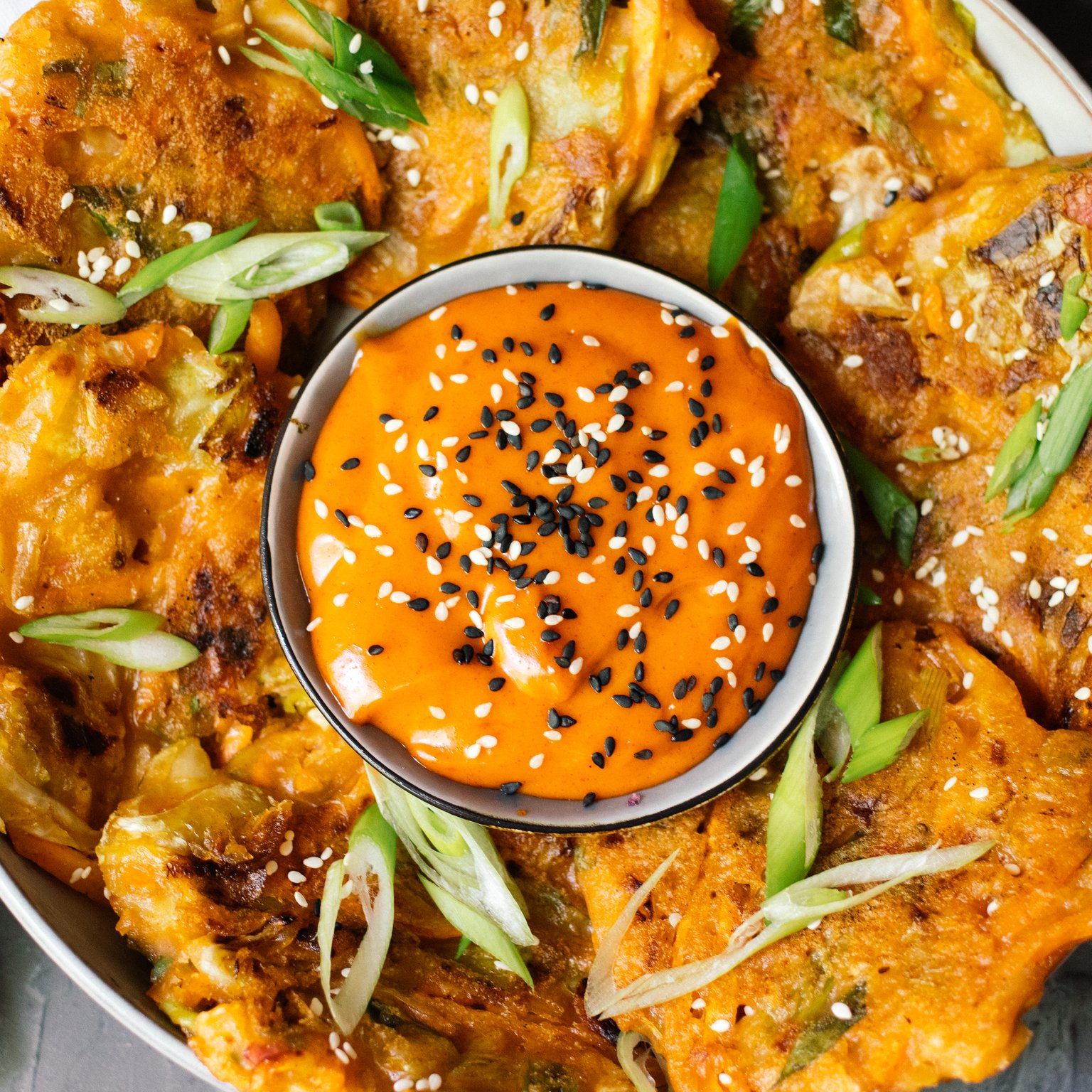 Vegan Kimchi Pancakes with Gochujang Dip