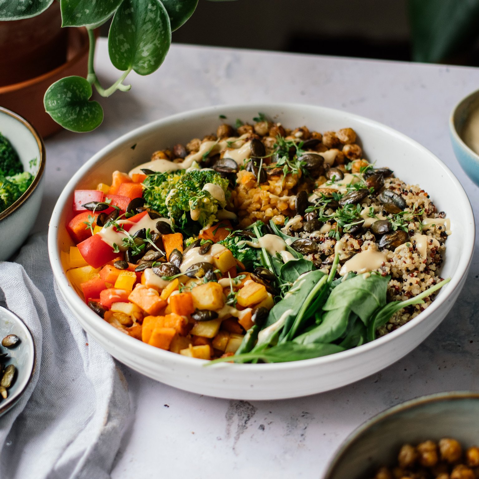 Veggie Bowl with Quinoa, Lentils, Sesame Dressing, and Crispy Chickpeas