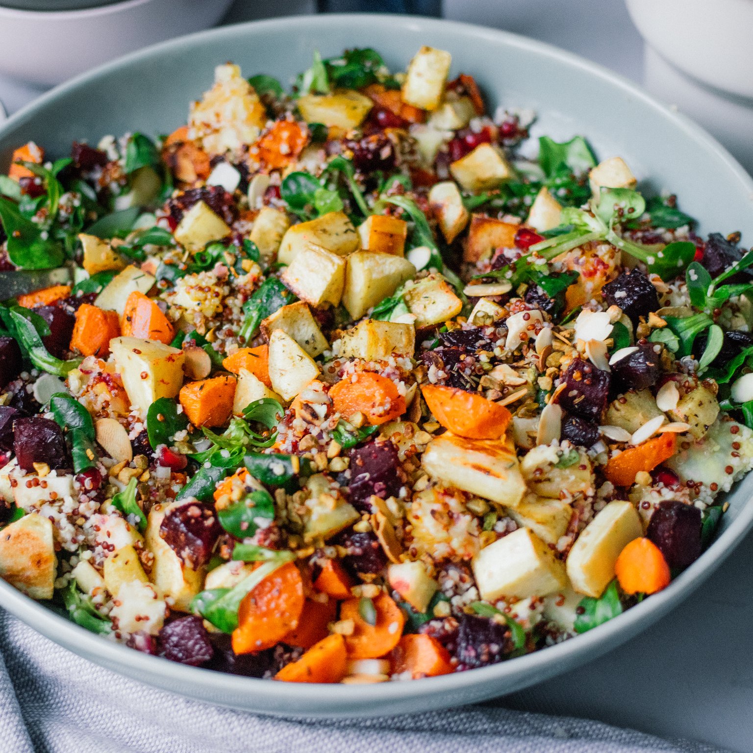 Winter Salad with Couscous, Quinoa, Roasted Veggies and Turmeric Dressing