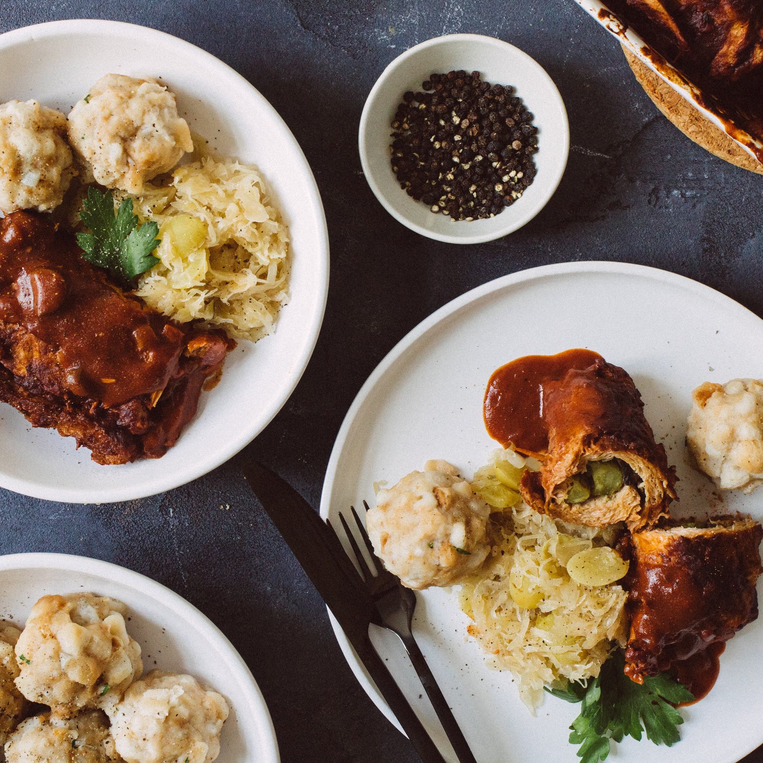 Stuffed soy steaks with dumplings & sauerkraut