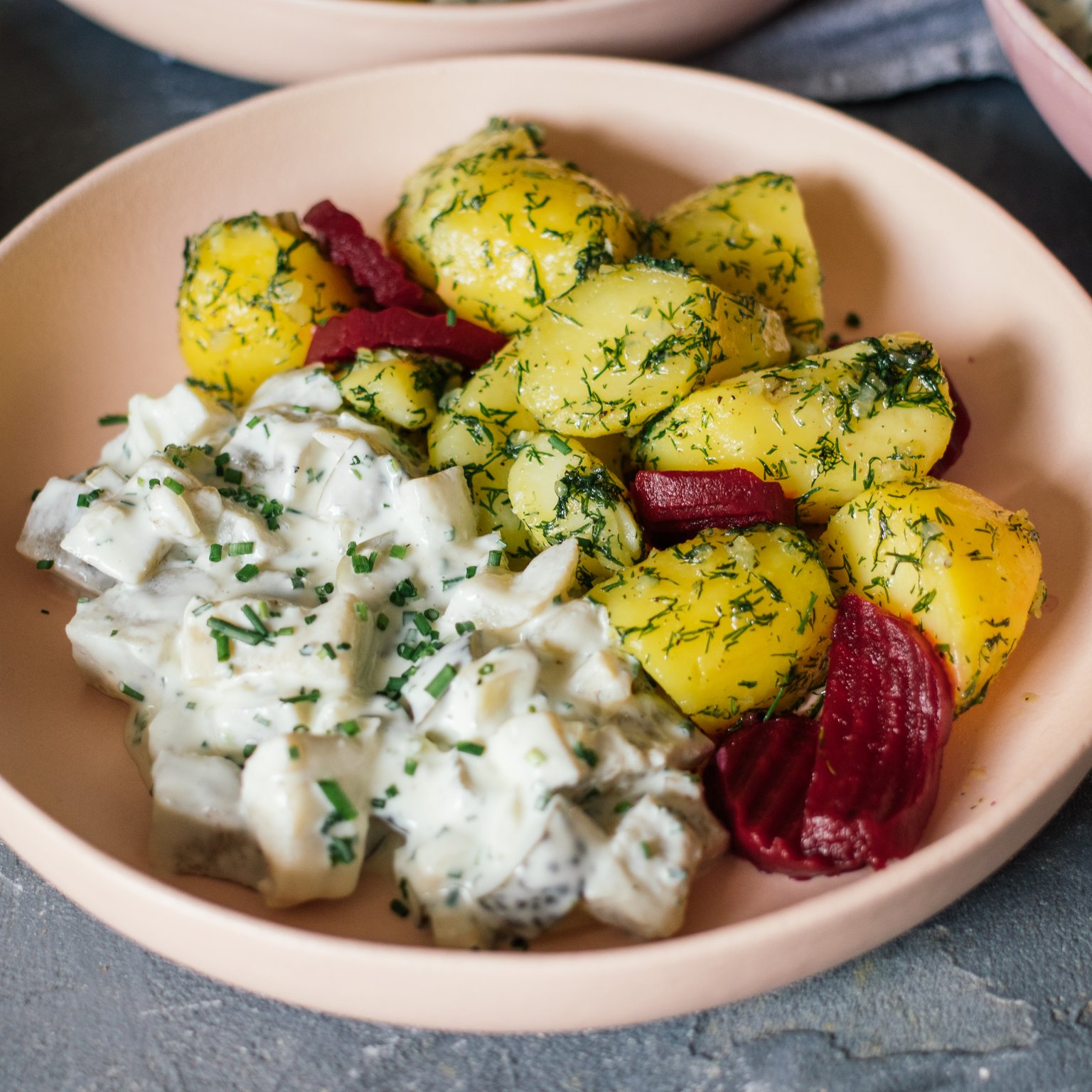 Vegan Eggplant Herring in Cream Sauce with Dill Potatoes