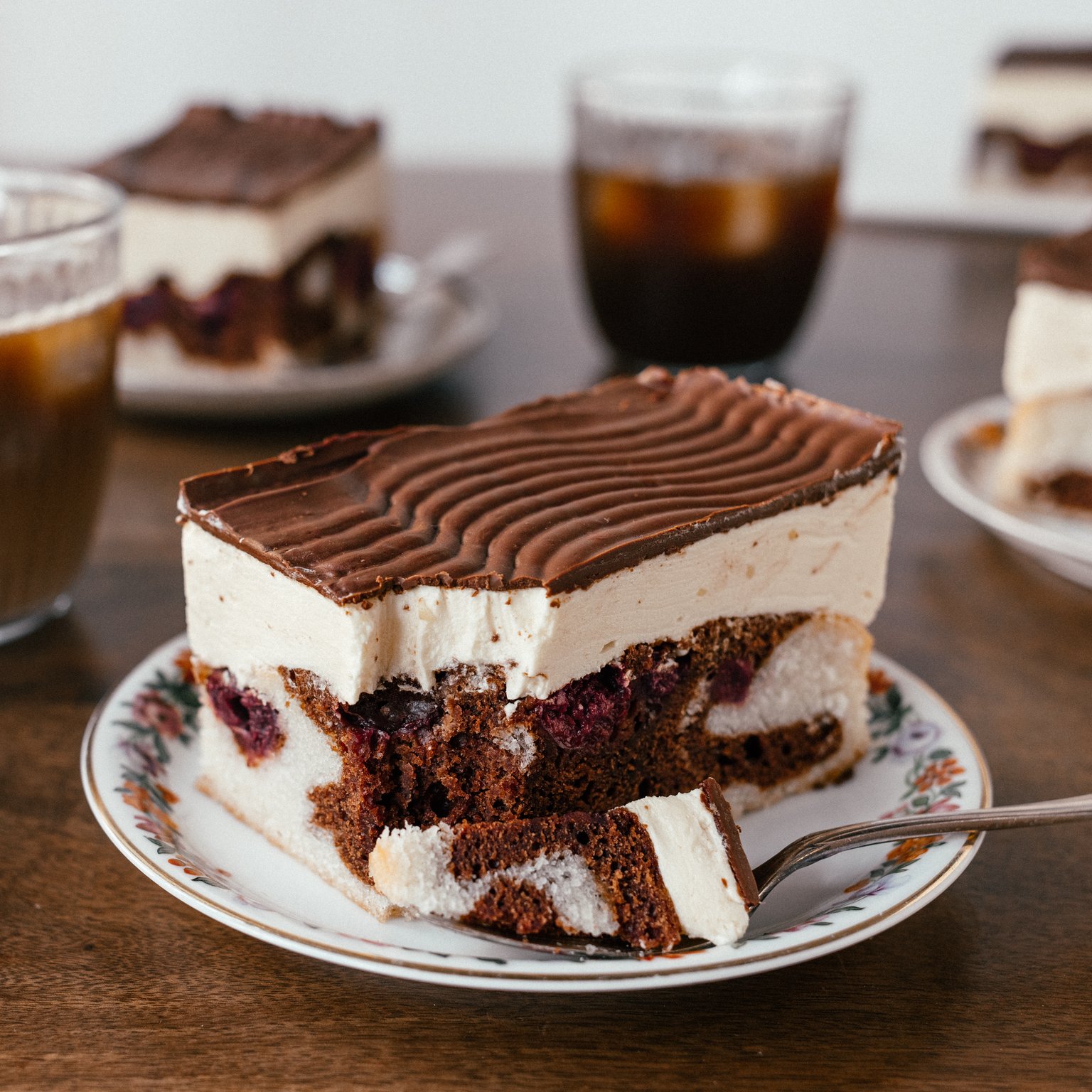 Vegan German “Donauwelle“ Cake (Pound Cake with Vanilla Cream and Sour Cherries)