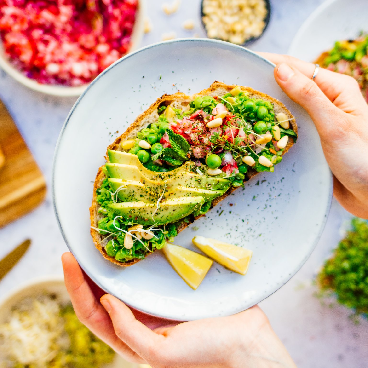 Vegan Peacamole Toast with Radish Salsa