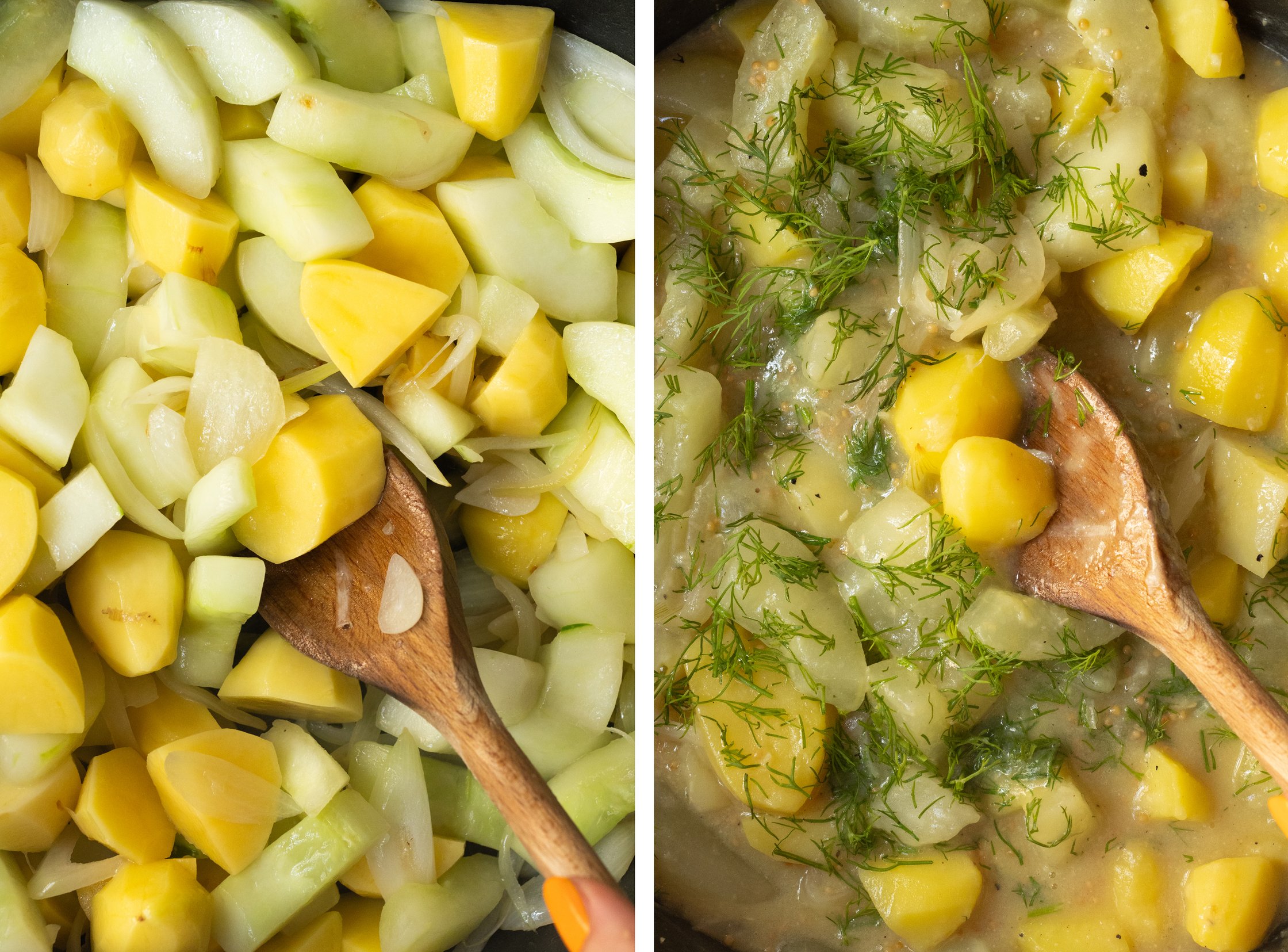 stewing cucumbers and potatoes in a pan