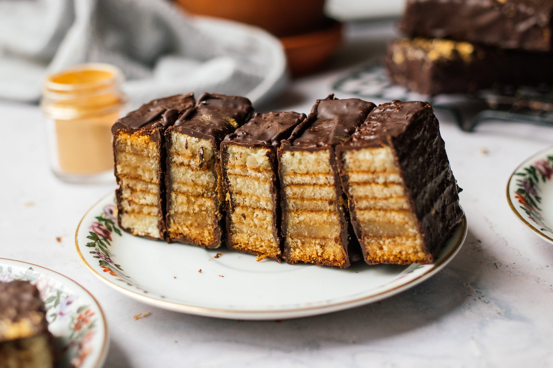 cut pieces of vegan baumkuchen bites