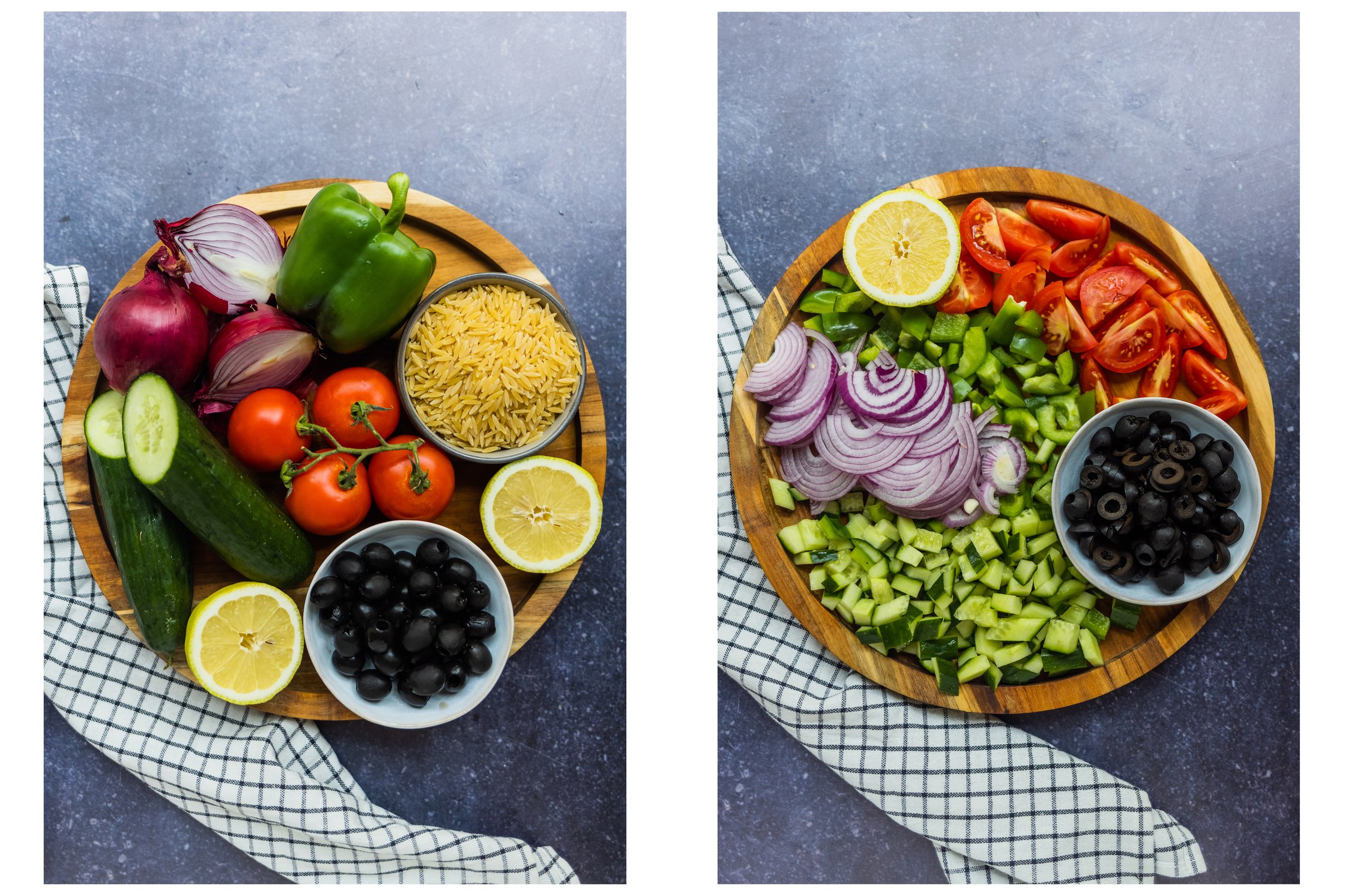 Zutaten für einen griechischen Salat auf einem Brett