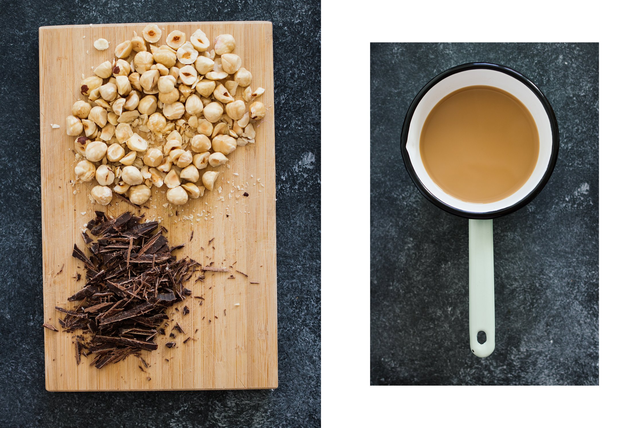 gehackte Schokolade und Haselnüsse neben warmer Chai-Milch
