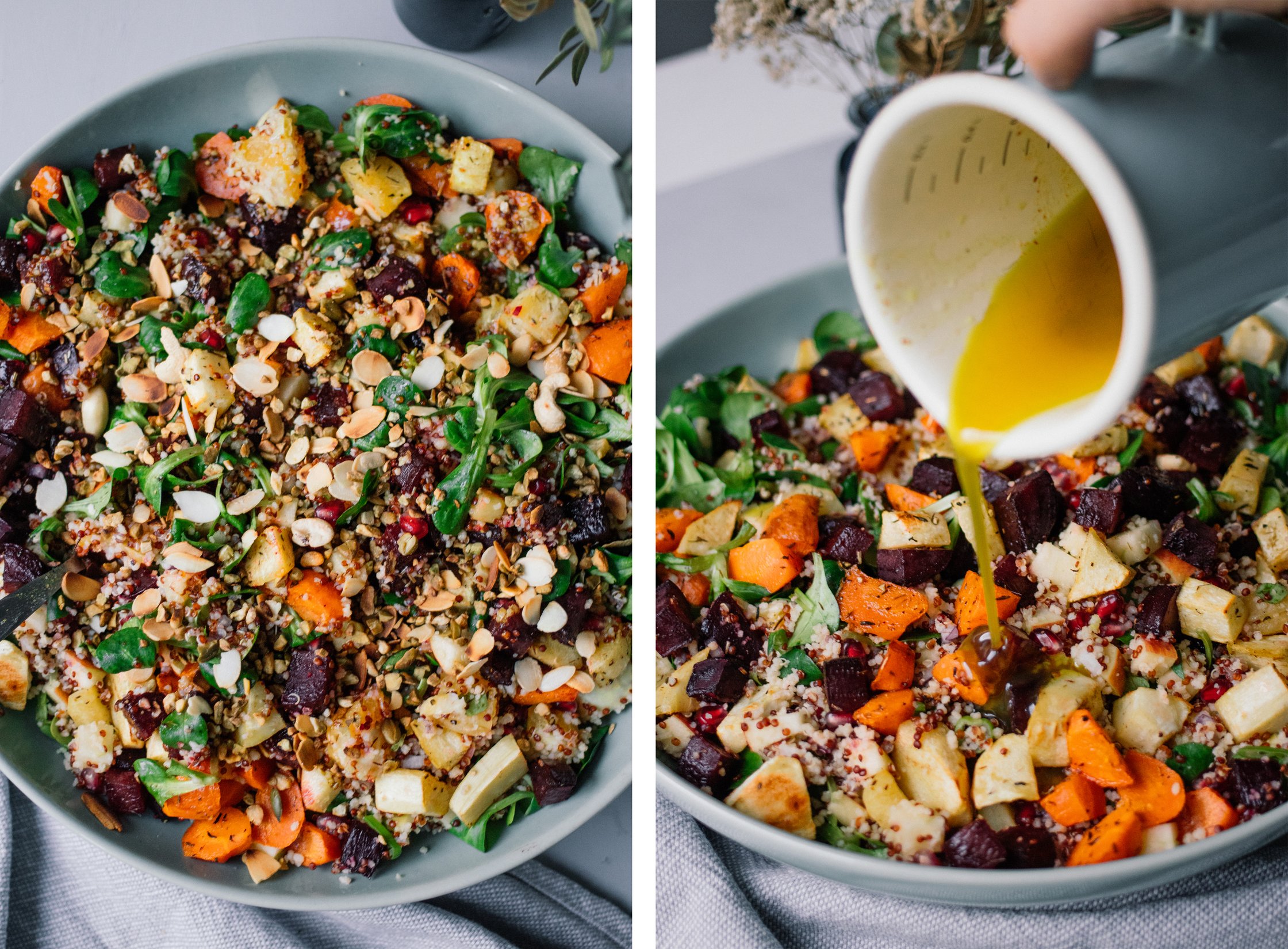 adding dressing to Wintersalad with couscous, quinoa and roasted vegetables