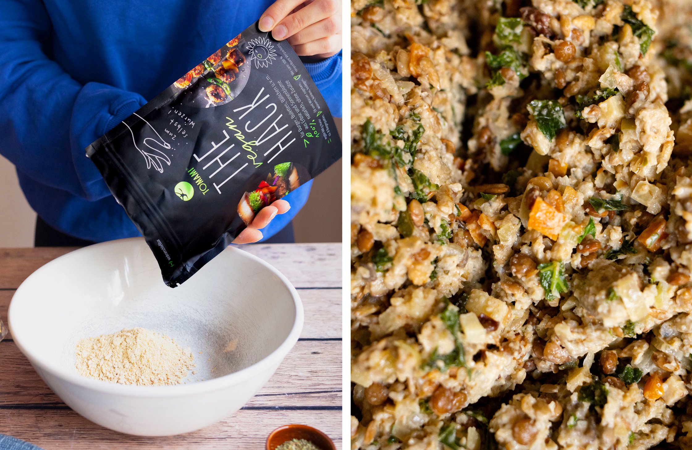 links: Verpackung von Tomamis The Vegan Hack rechts: angebratenes Hack
