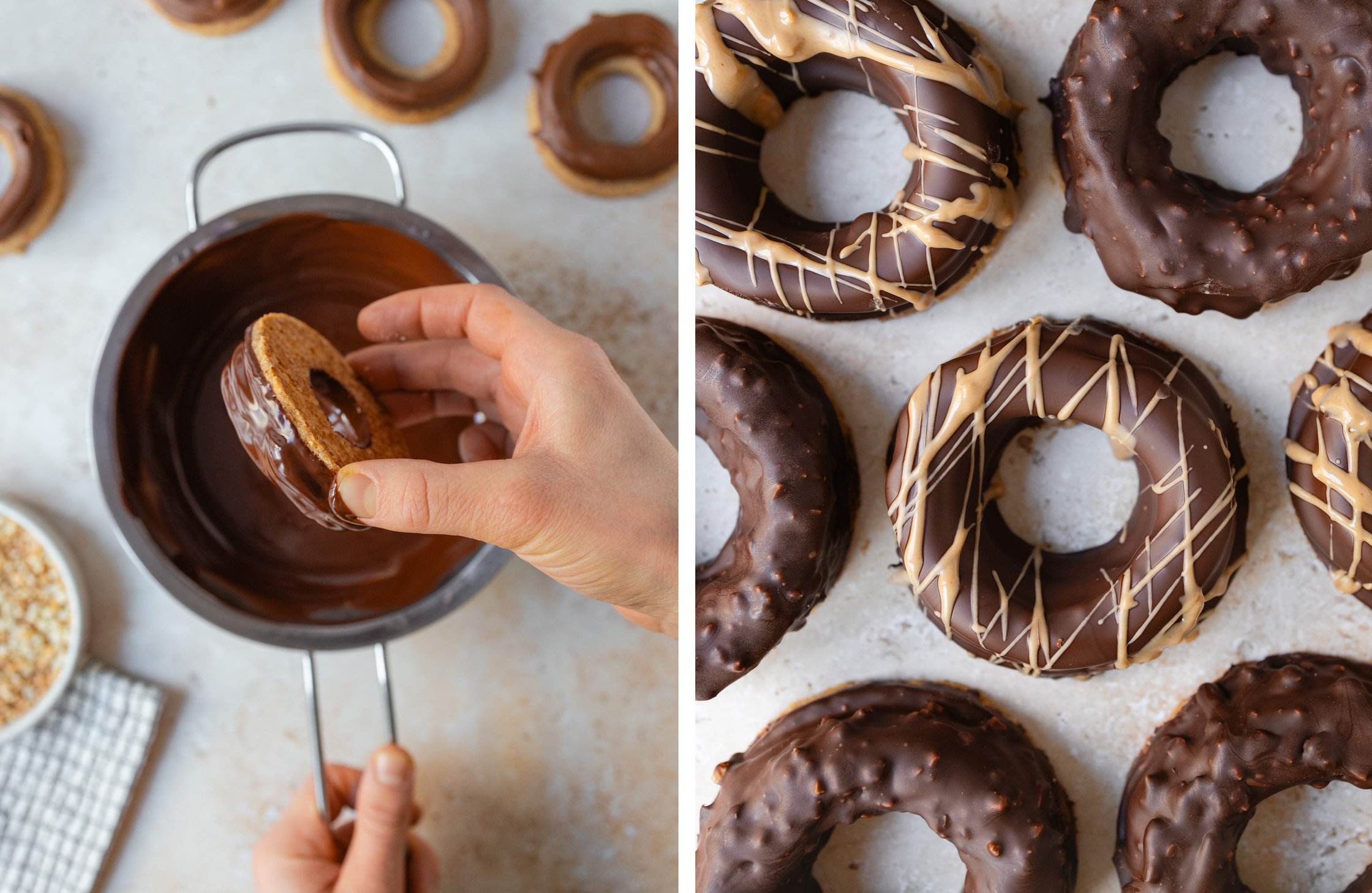 coating nougat rings with chocolate; finished decorated nougat rings