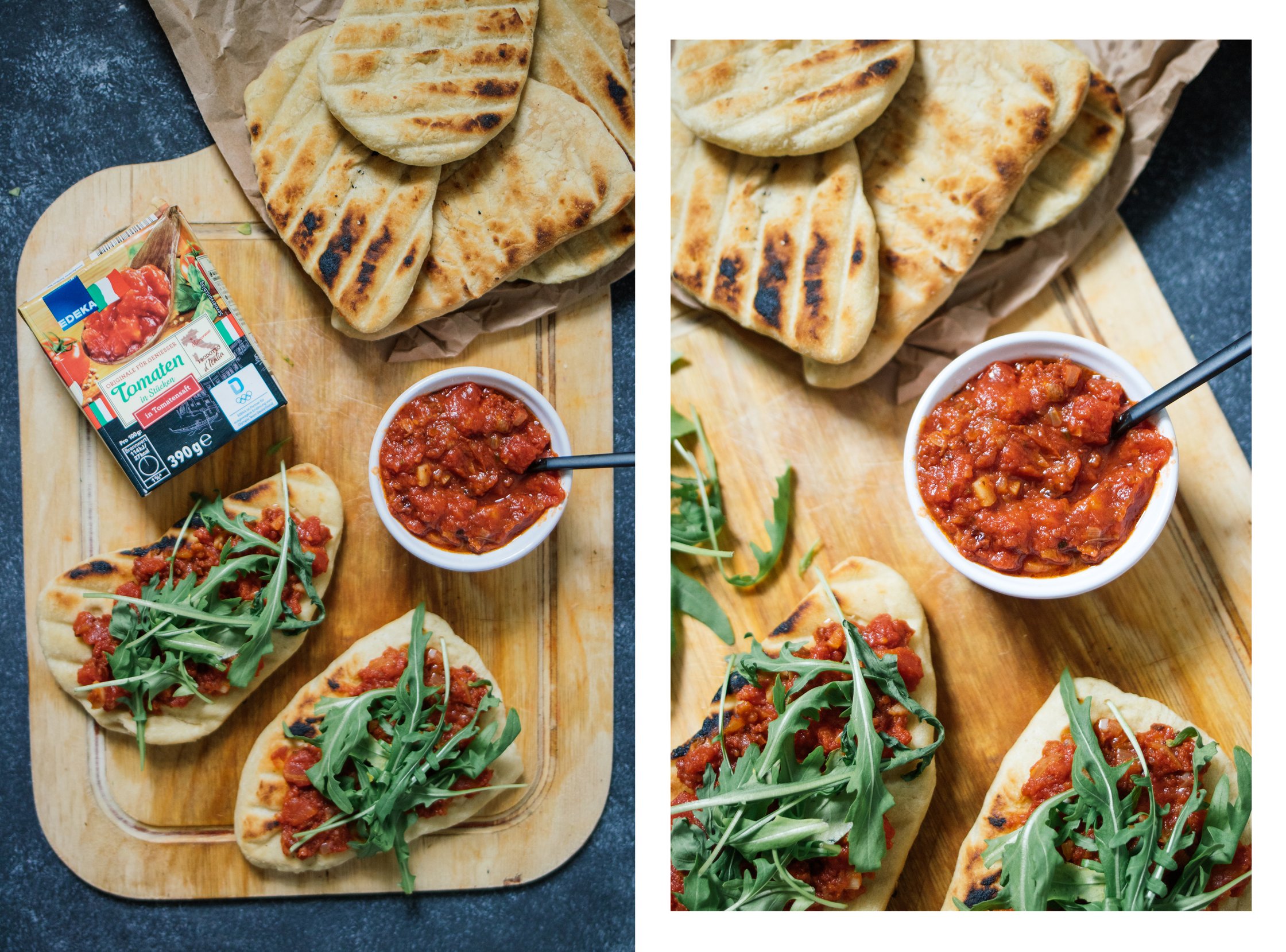 veganes grillbrot mit aufstrich auf einem holzbrett
