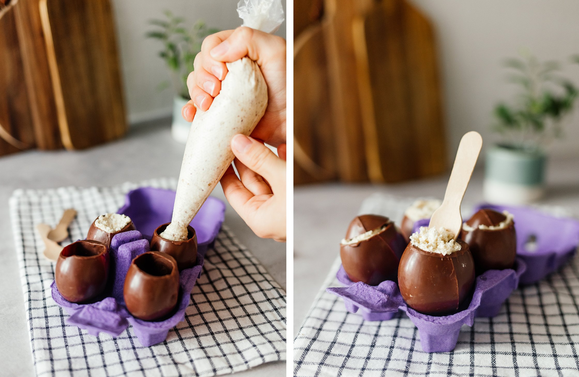 Füllung in vegane Schokoeier füllen und verschließen