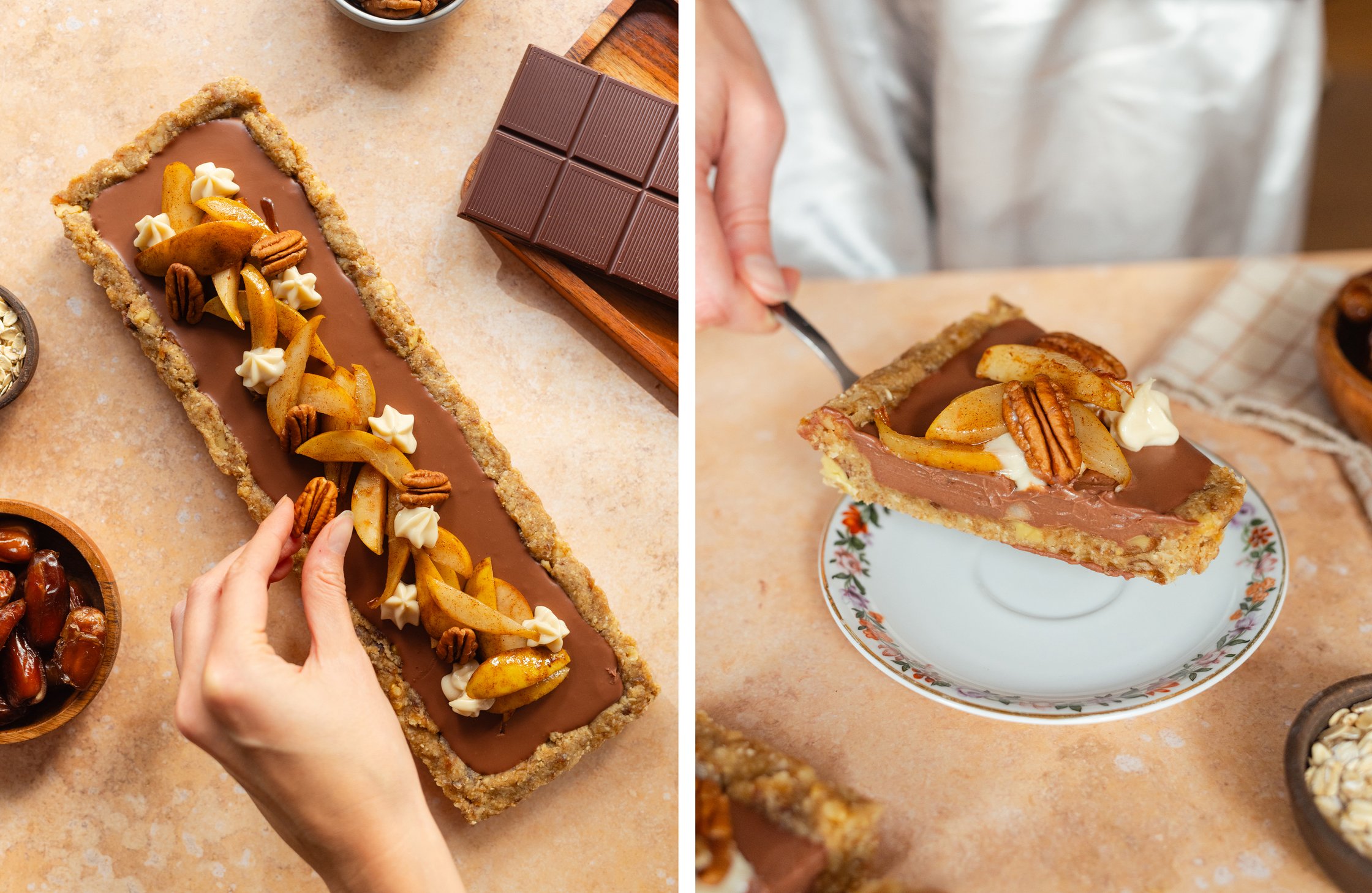 Tarte wird dekoriert; Dekoration in Nahaufnahme