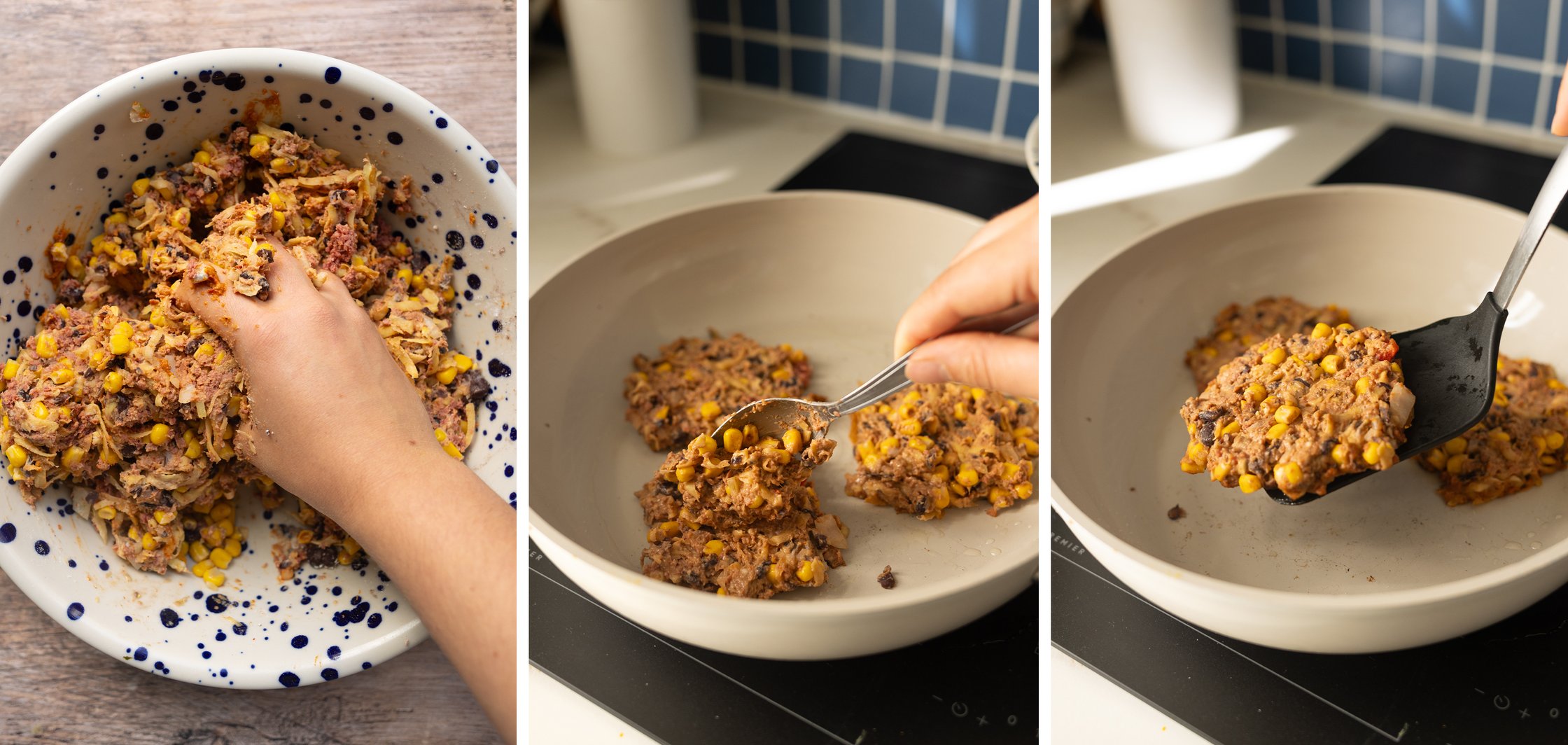 Left: A hand mixes all the ingredients. Middle: The fritters are placed in the pan. Right: The fritters are flipped.