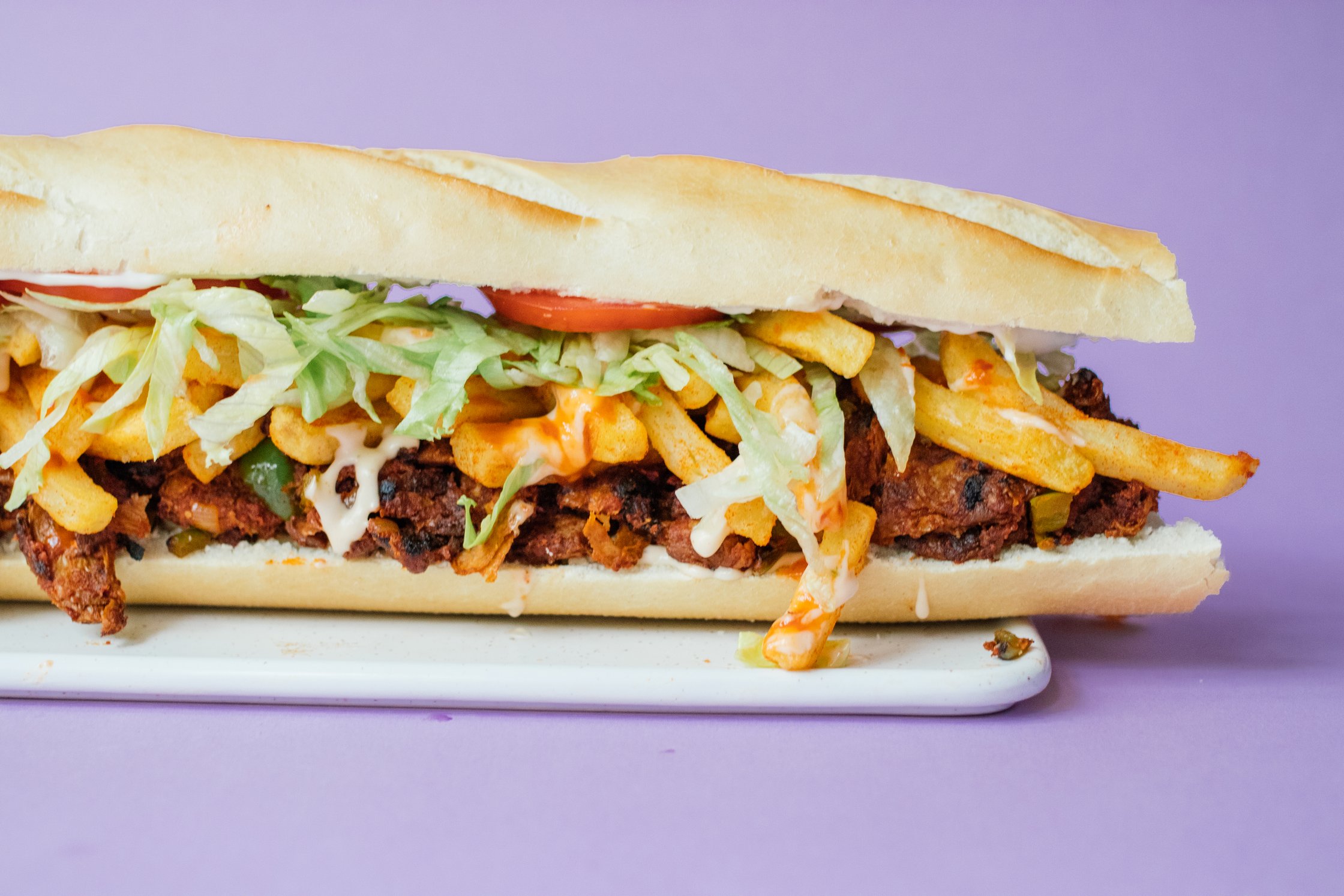 closeup of vegan gatsby sandwich