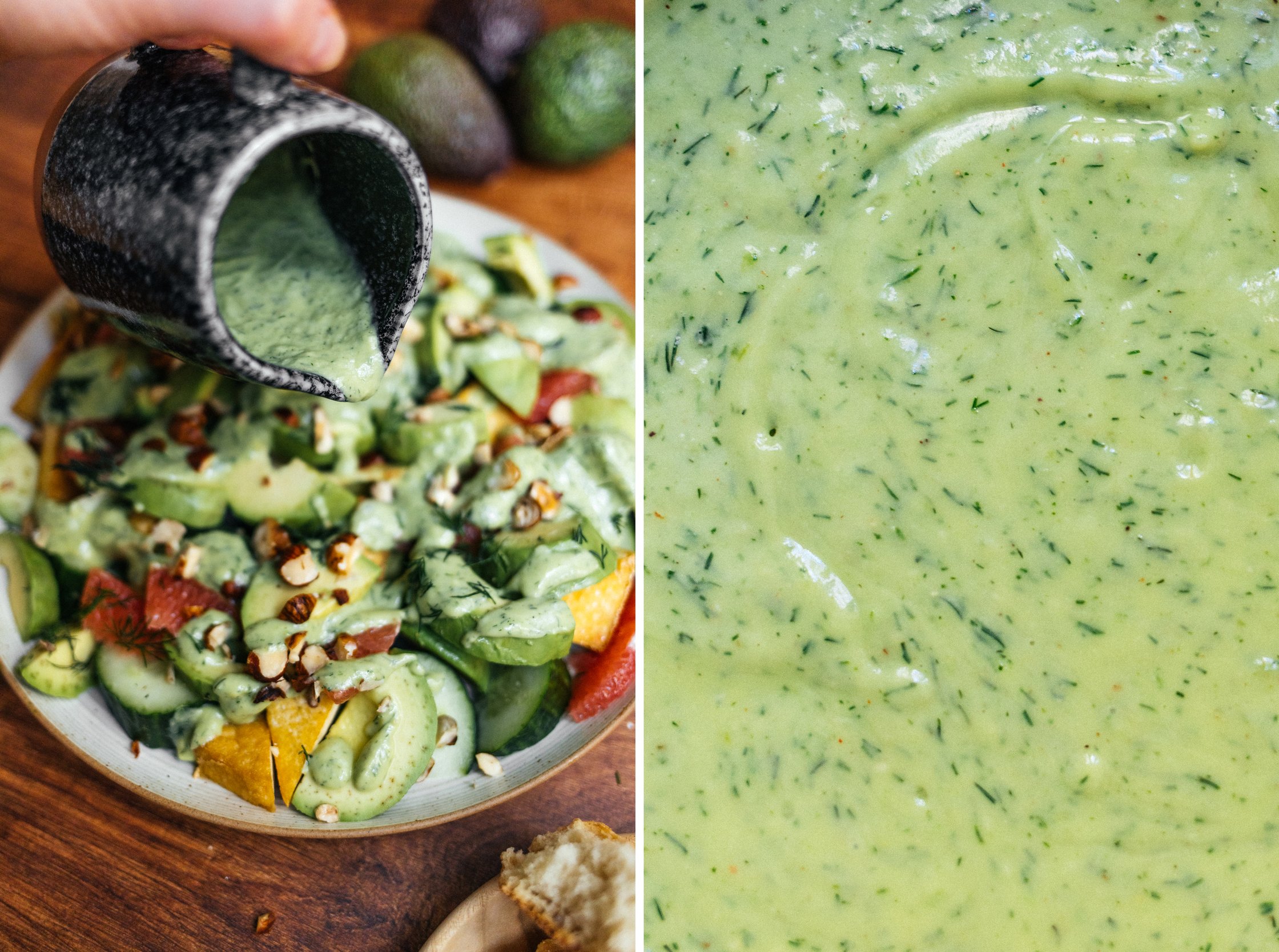 drizzling avocado dressing over salad