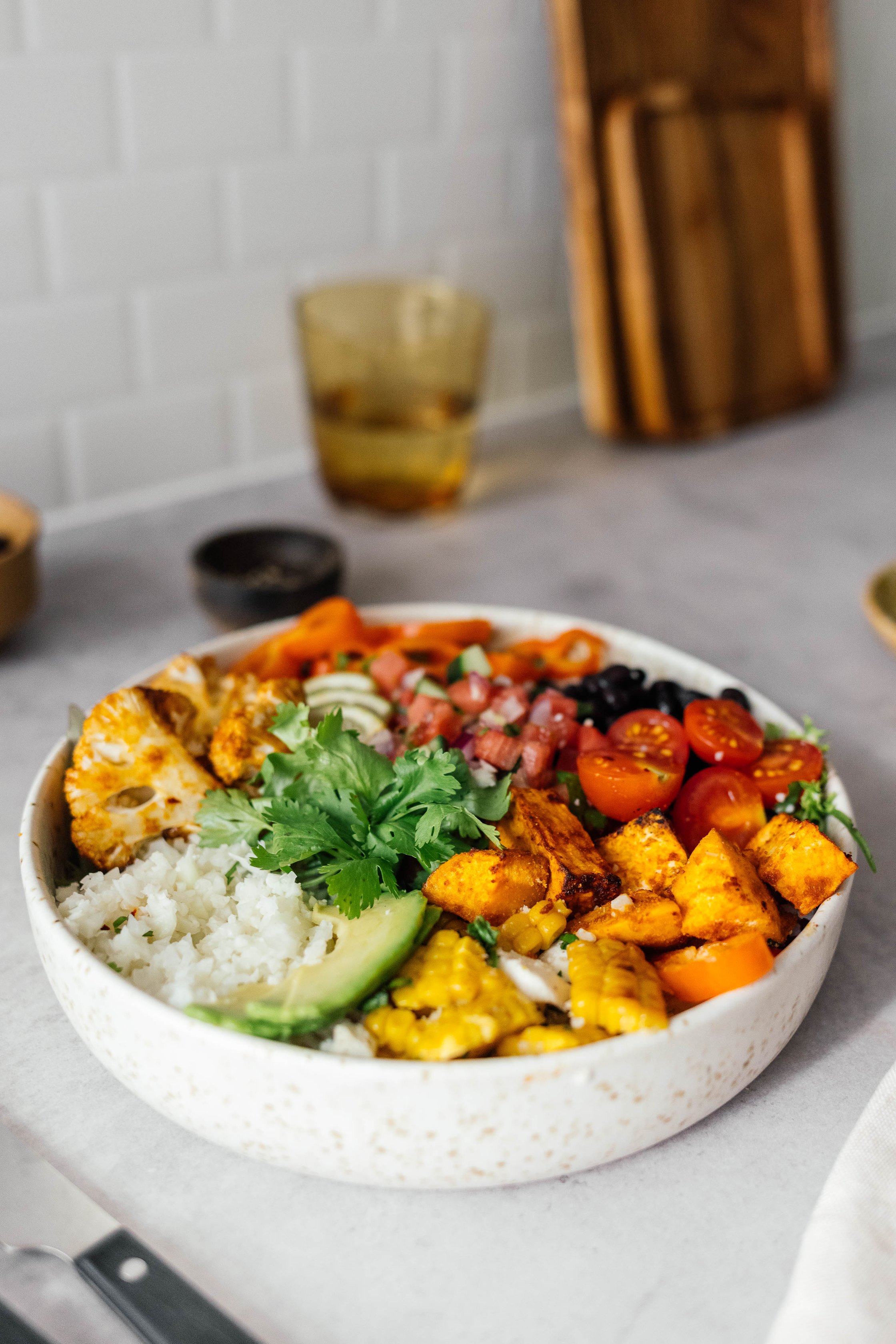burrito bowl with watermelon salsa