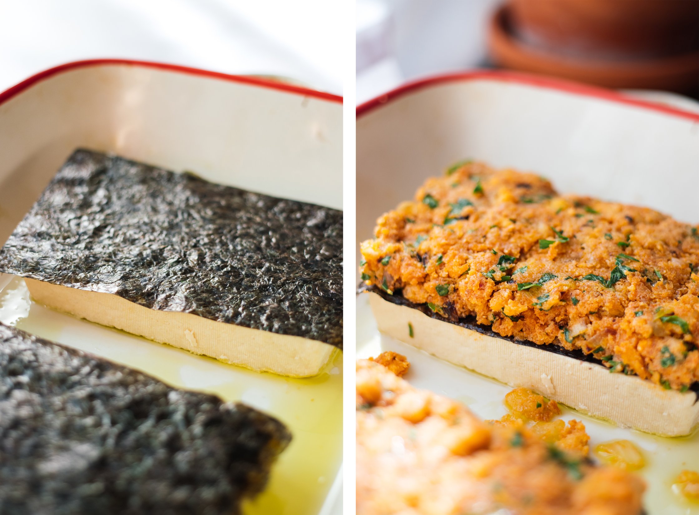 tofu belegt mit noriblatt und würziger paste