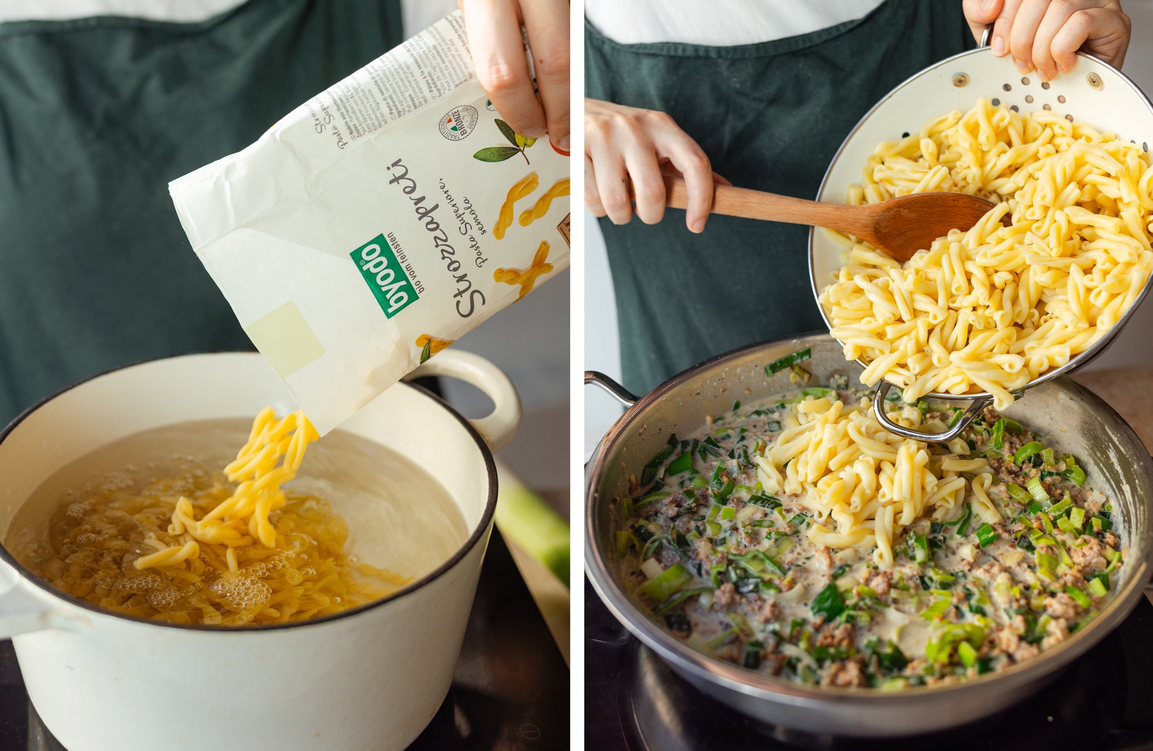 Nudeln kochen; gekochte Nudeln in die Soße geben