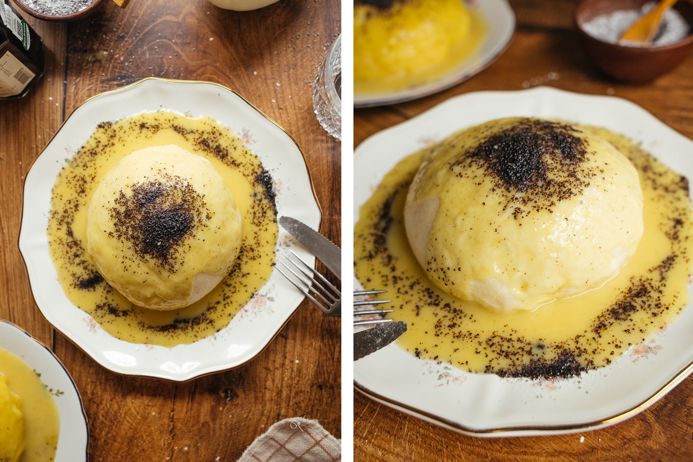 topping vegan yeast dumplings with ground poppy seeds