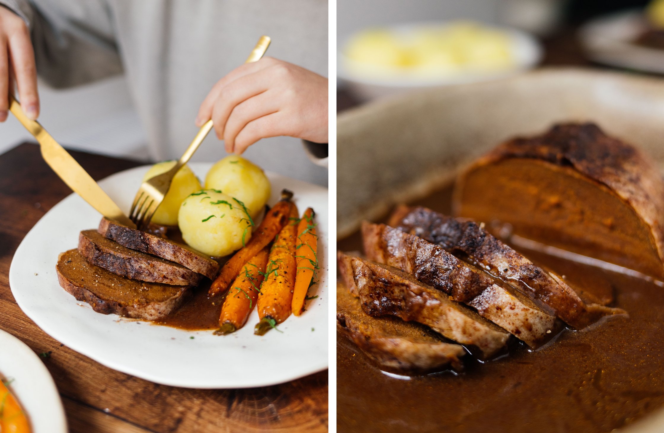 vegan seitan roast served on a plate; seitan roast in slices with vegan gravy