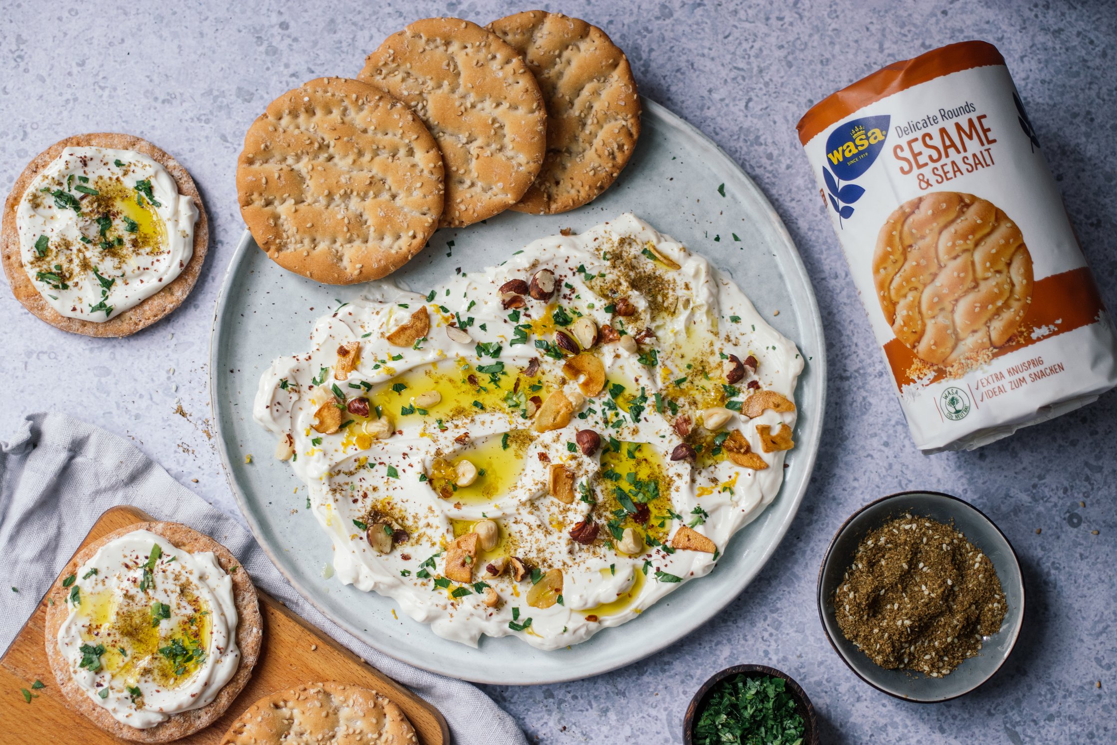 vegan labneh with crispy bread