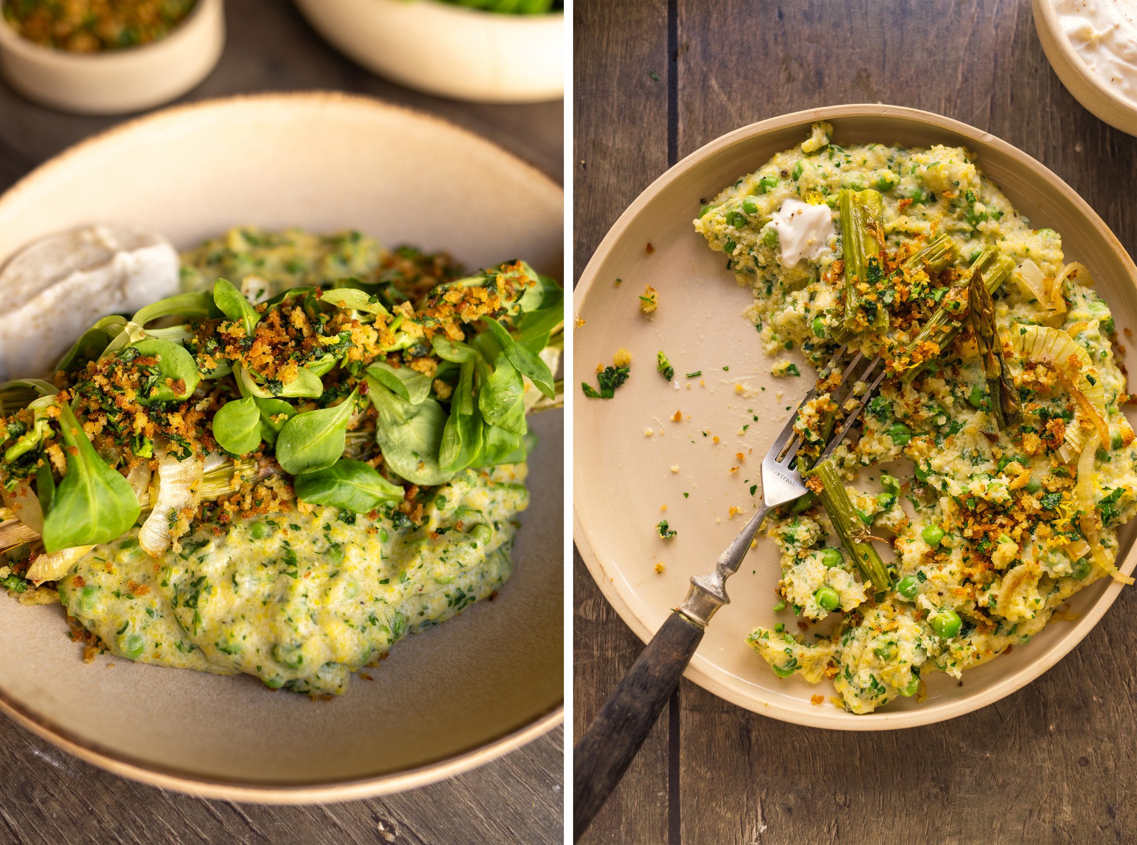 halb aufgegessener teller mit Cremiger Zitronen-Polenta mit grünem Spargel, Kräutern und veganen Butterbrösel