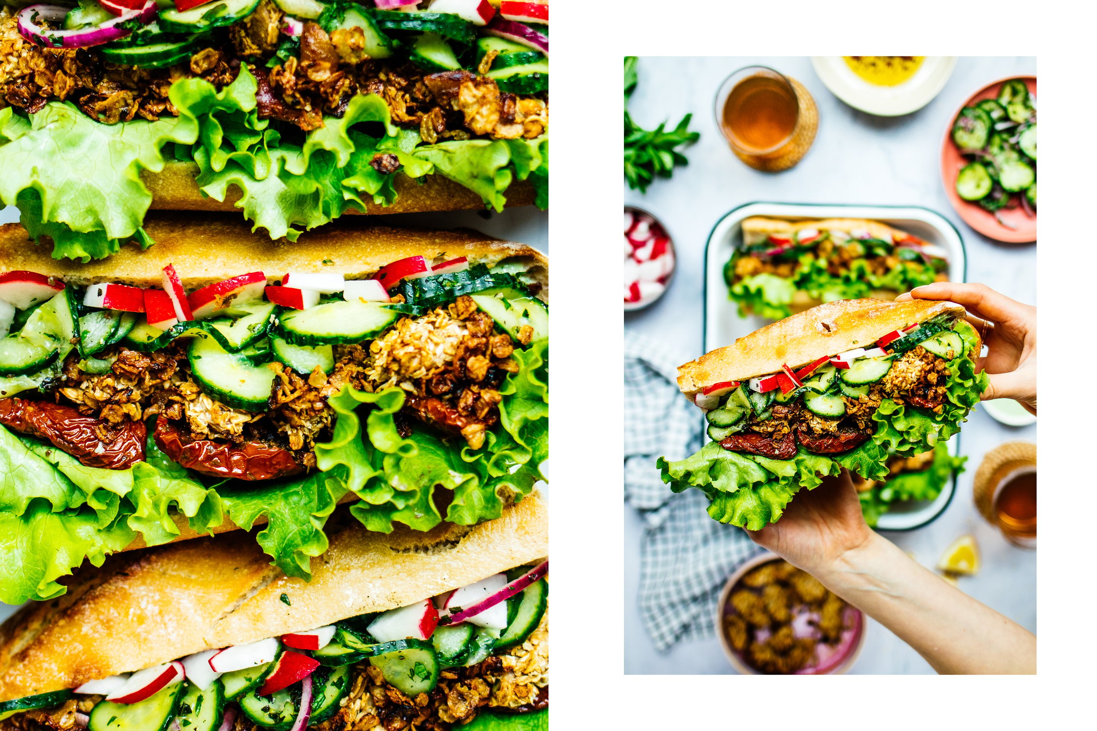 vegan chicken sandwich with salad and cucumbers