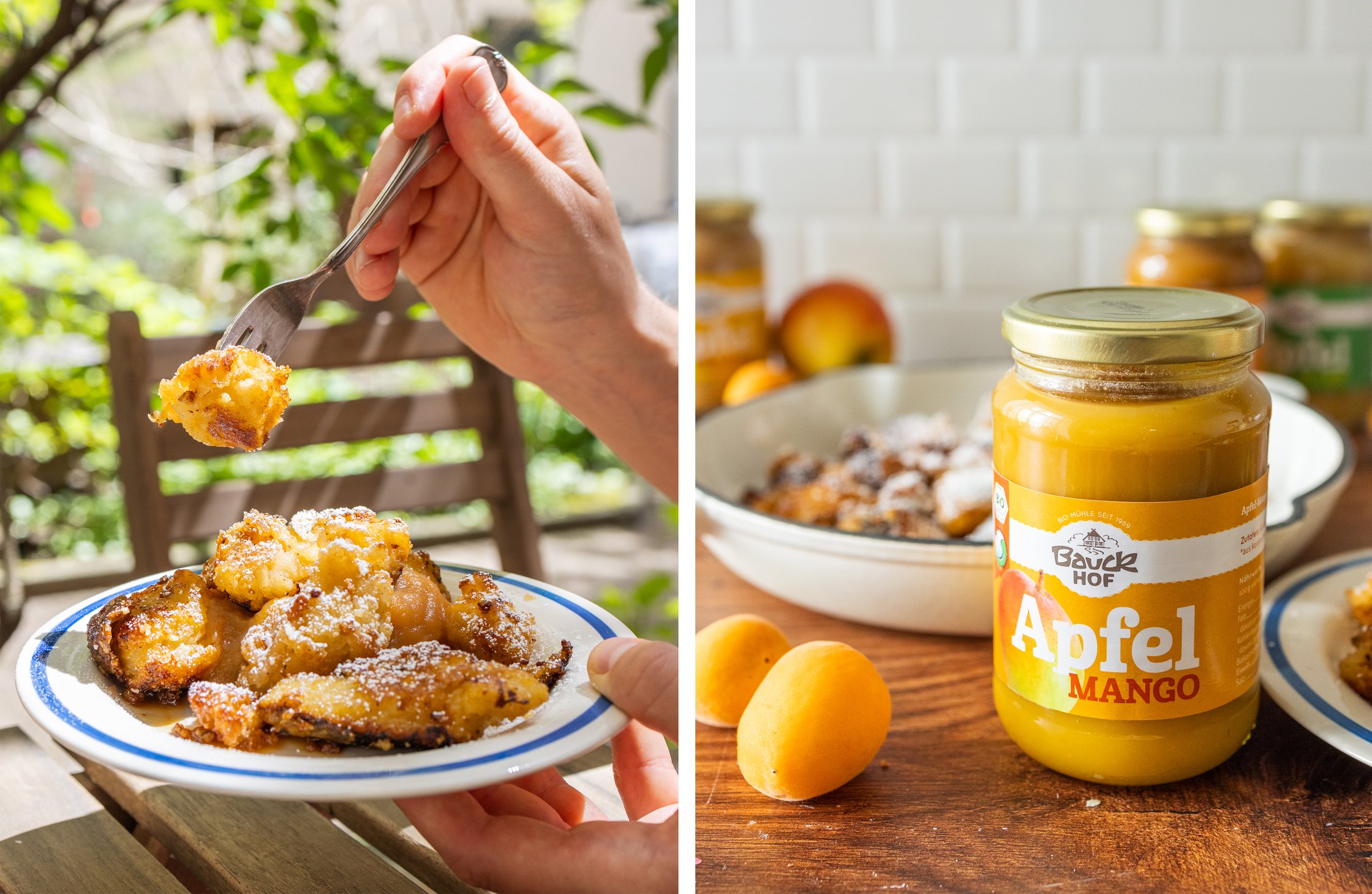 On the left, the Kaiserschmarrn is being eaten on a plate and on the right you can see Bauck Hof's fruit purée.